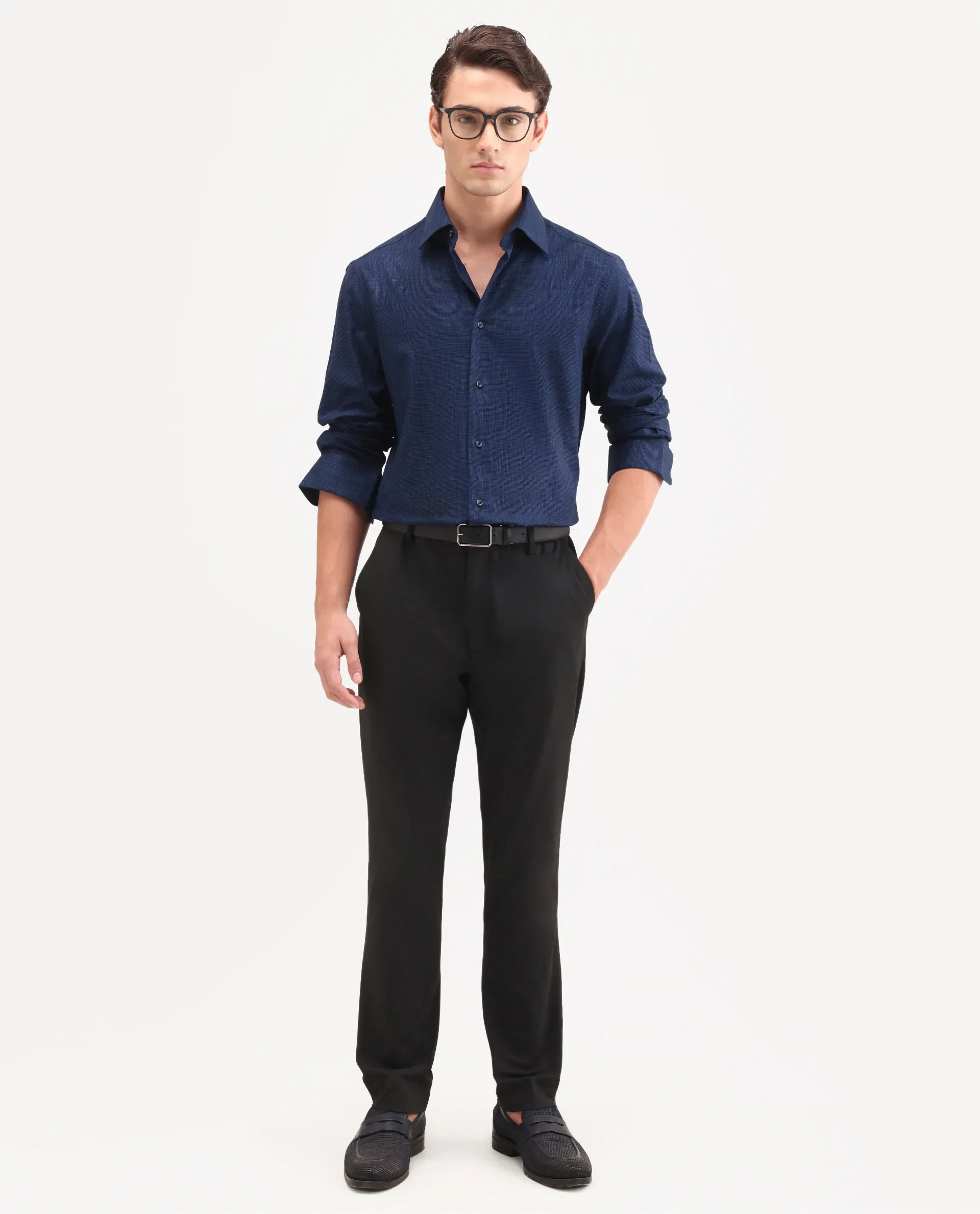 Rare Rabbit Men's Kenb Dark Blue Cotton Fabric Full Sleeve Spread Collar Button Regular Plain Shirt - Image 2