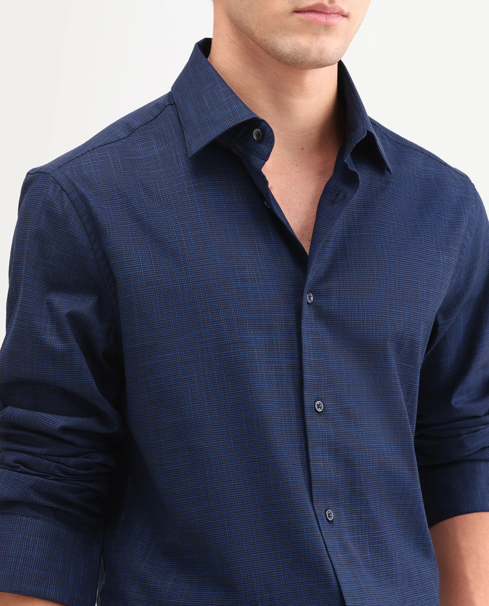Rare Rabbit Men's Kenb Dark Blue Cotton Fabric Full Sleeve Spread Collar Button Regular Plain Shirt - Image 3