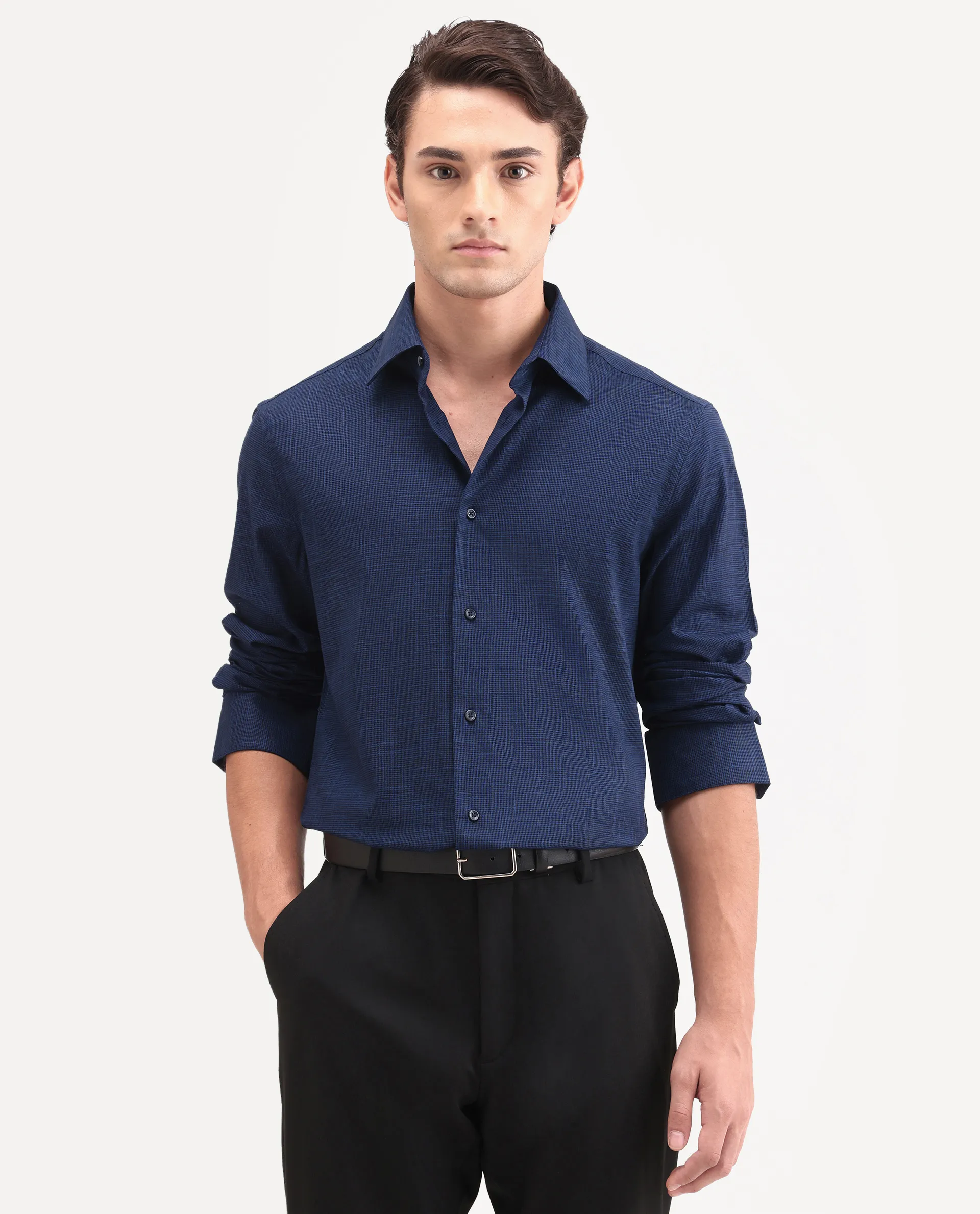 Rare Rabbit Men's Kenb Dark Blue Cotton Fabric Full Sleeve Spread Collar Button Regular Plain Shirt - Image 4