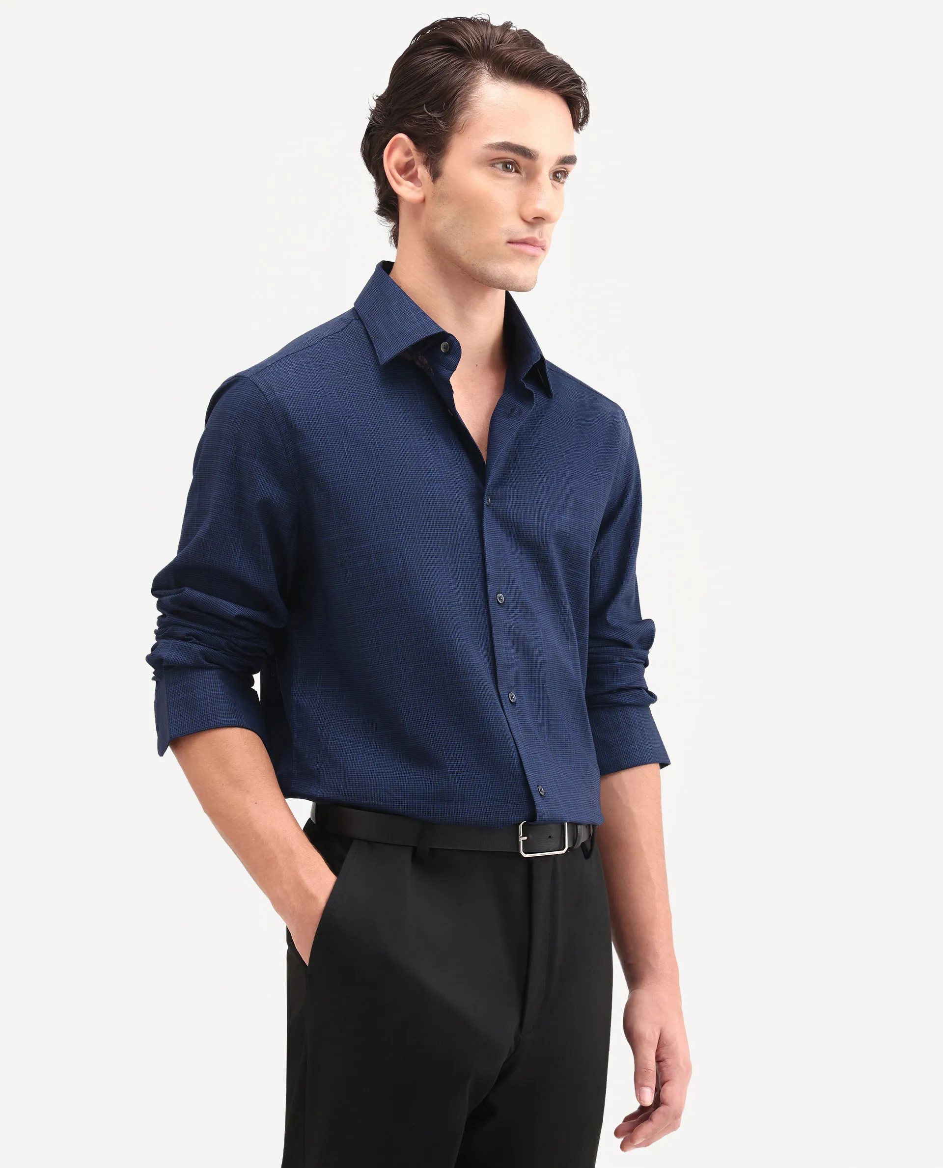 Rare Rabbit Men's Kenb Dark Blue Cotton Fabric Full Sleeve Spread Collar Button Regular Plain Shirt - Image 5