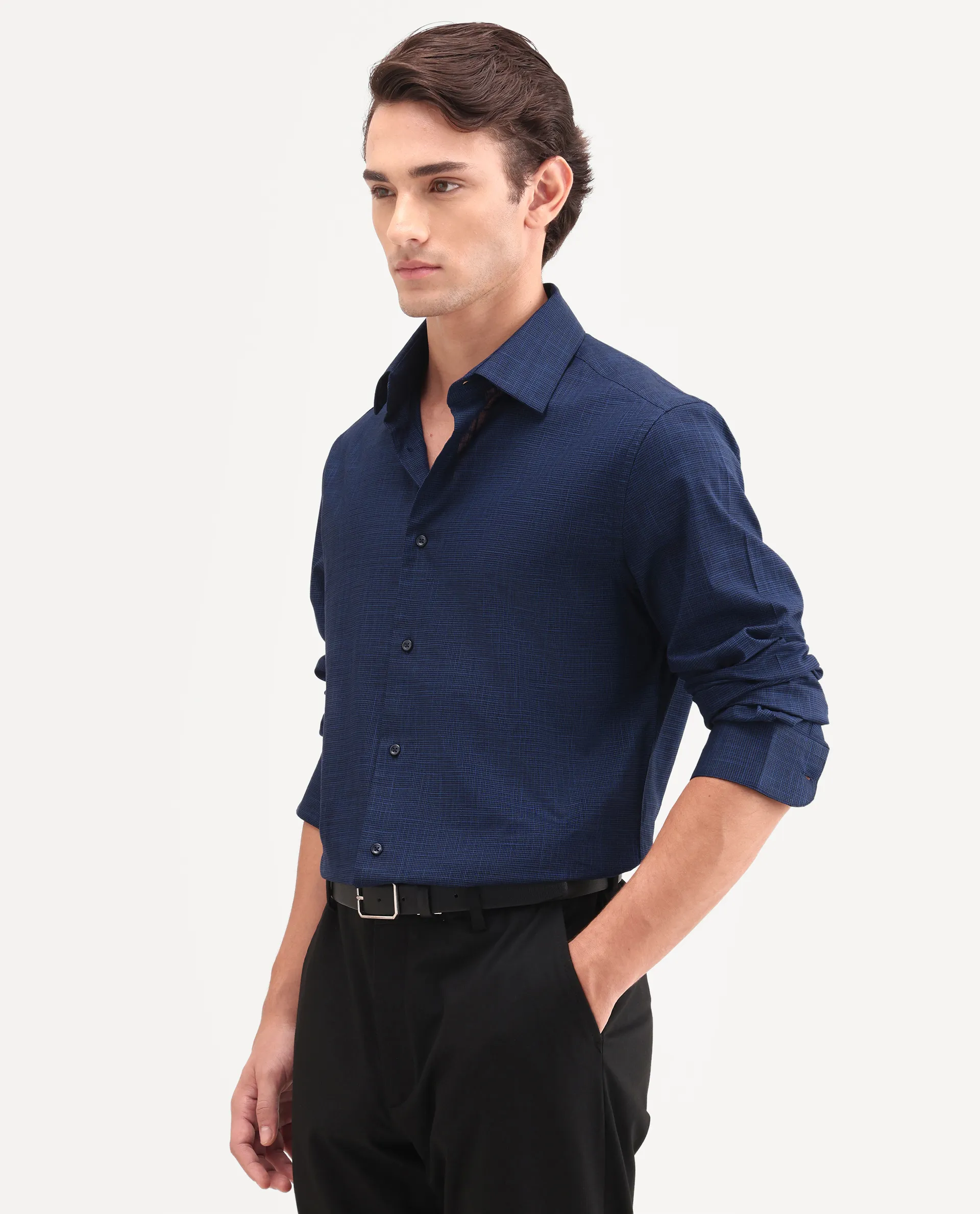 Rare Rabbit Men's Kenb Dark Blue Cotton Fabric Full Sleeve Spread Collar Button Regular Plain Shirt - Image 6