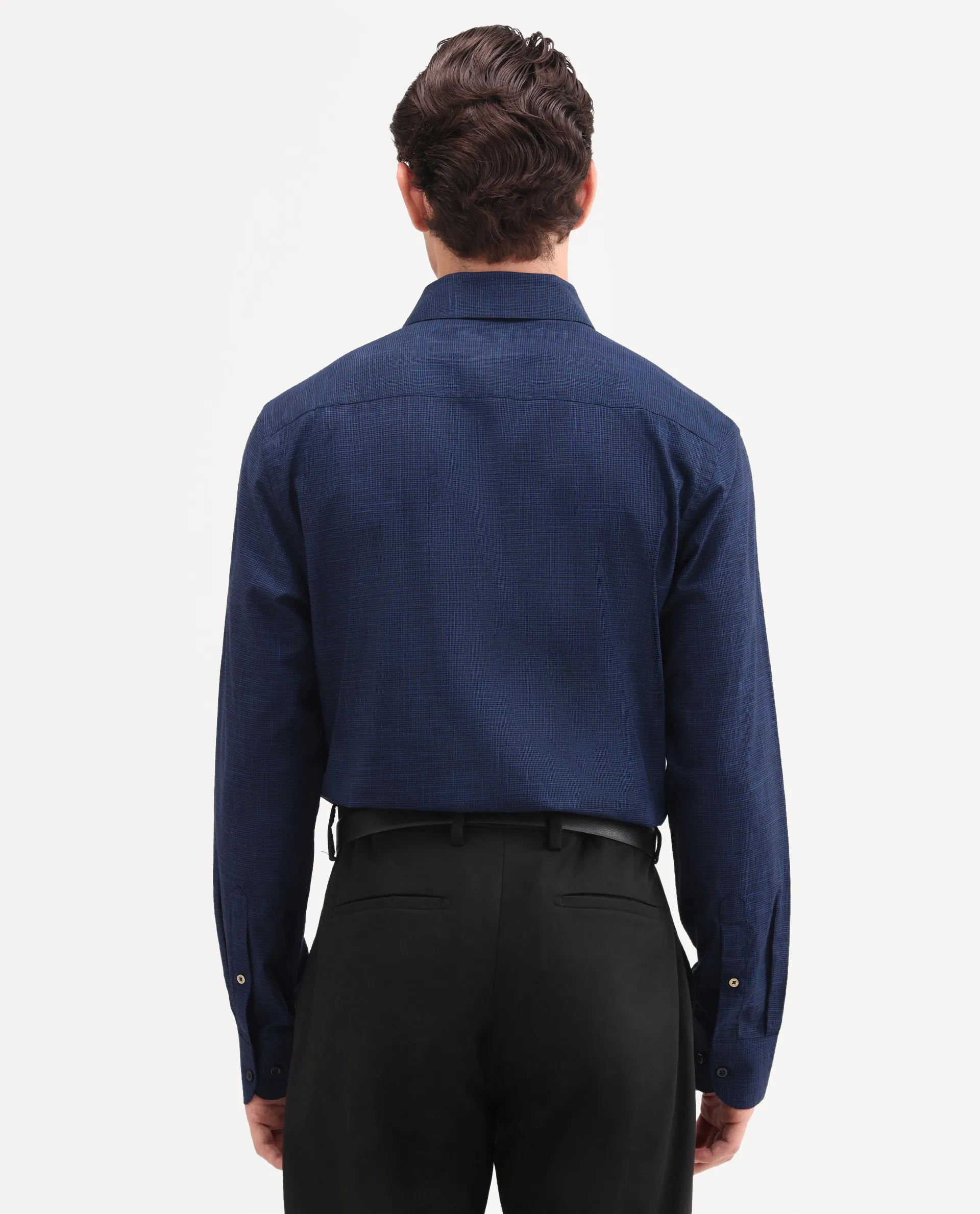 Rare Rabbit Men's Kenb Dark Blue Cotton Fabric Full Sleeve Spread Collar Button Regular Plain Shirt - Image 7