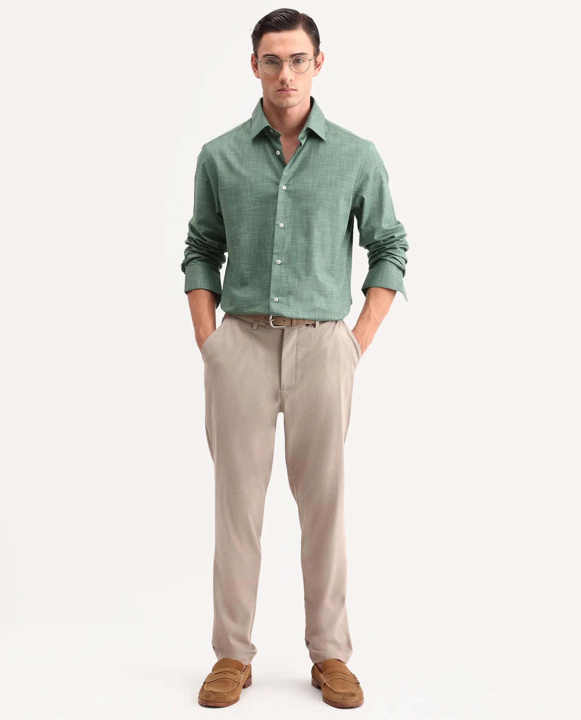 Rare Rabbit Men's Kenb Green Cotton Fabric Full Sleeve Spread Collar Button Regular Plain Shirt - Image 2