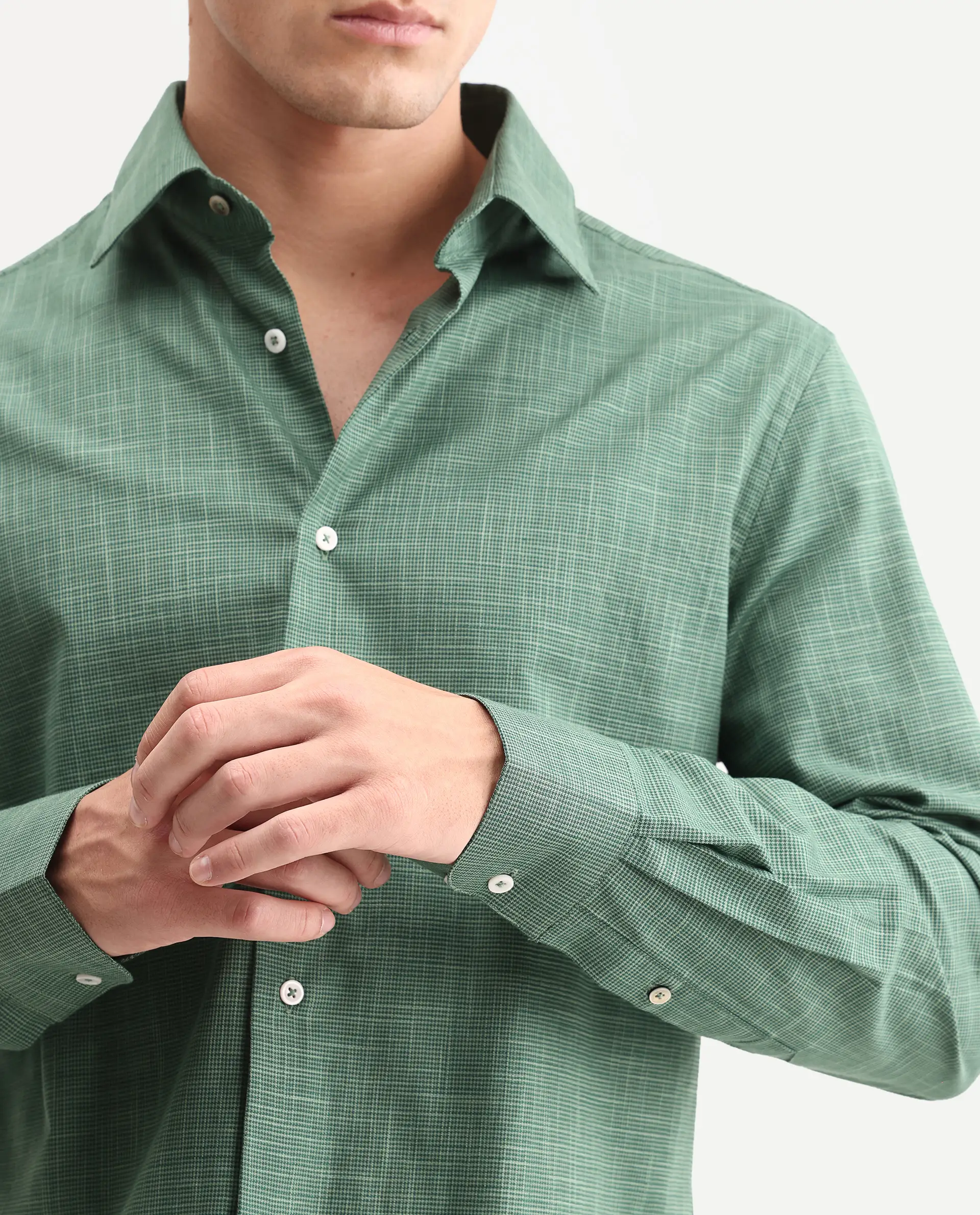 Rare Rabbit Men's Kenb Green Cotton Fabric Full Sleeve Spread Collar Button Regular Plain Shirt - Image 3