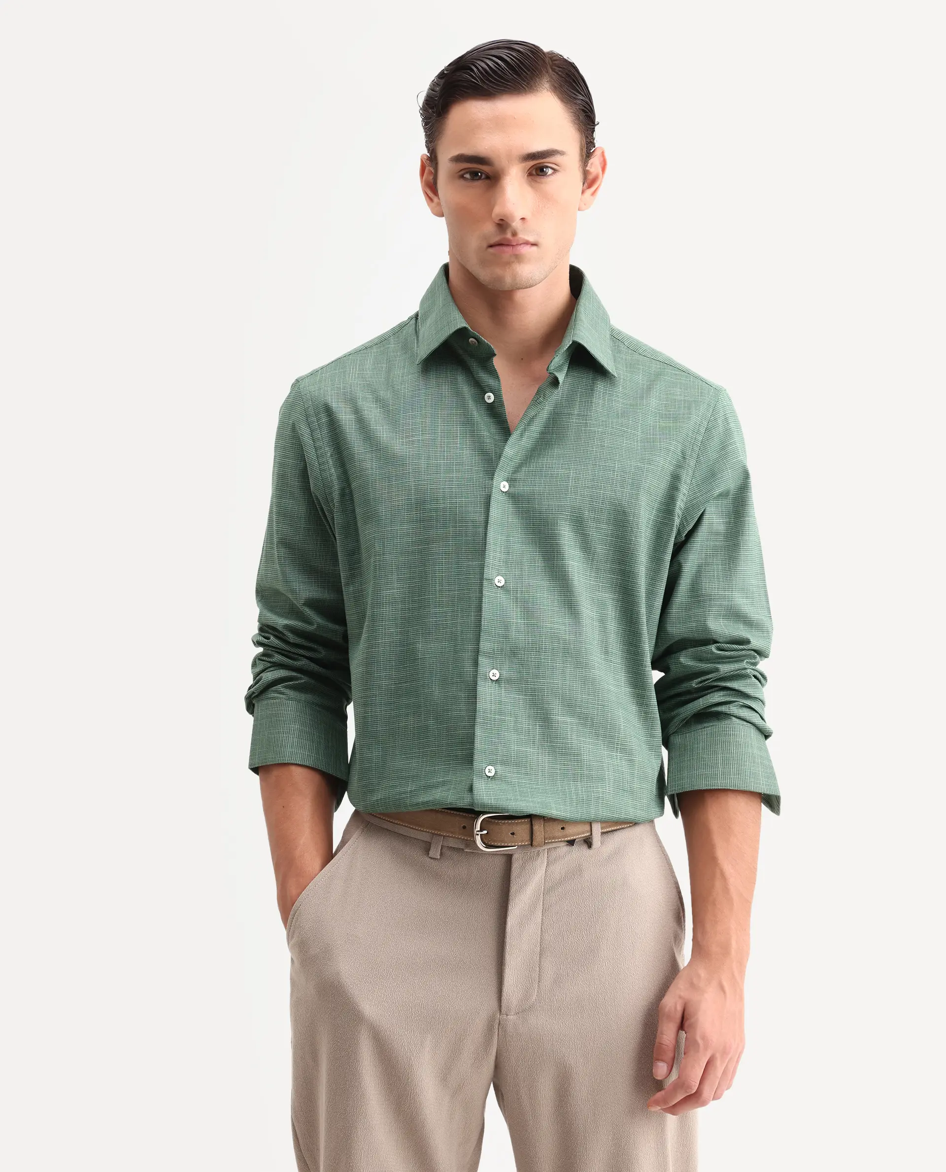 Rare Rabbit Men's Kenb Green Cotton Fabric Full Sleeve Spread Collar Button Regular Plain Shirt - Image 4