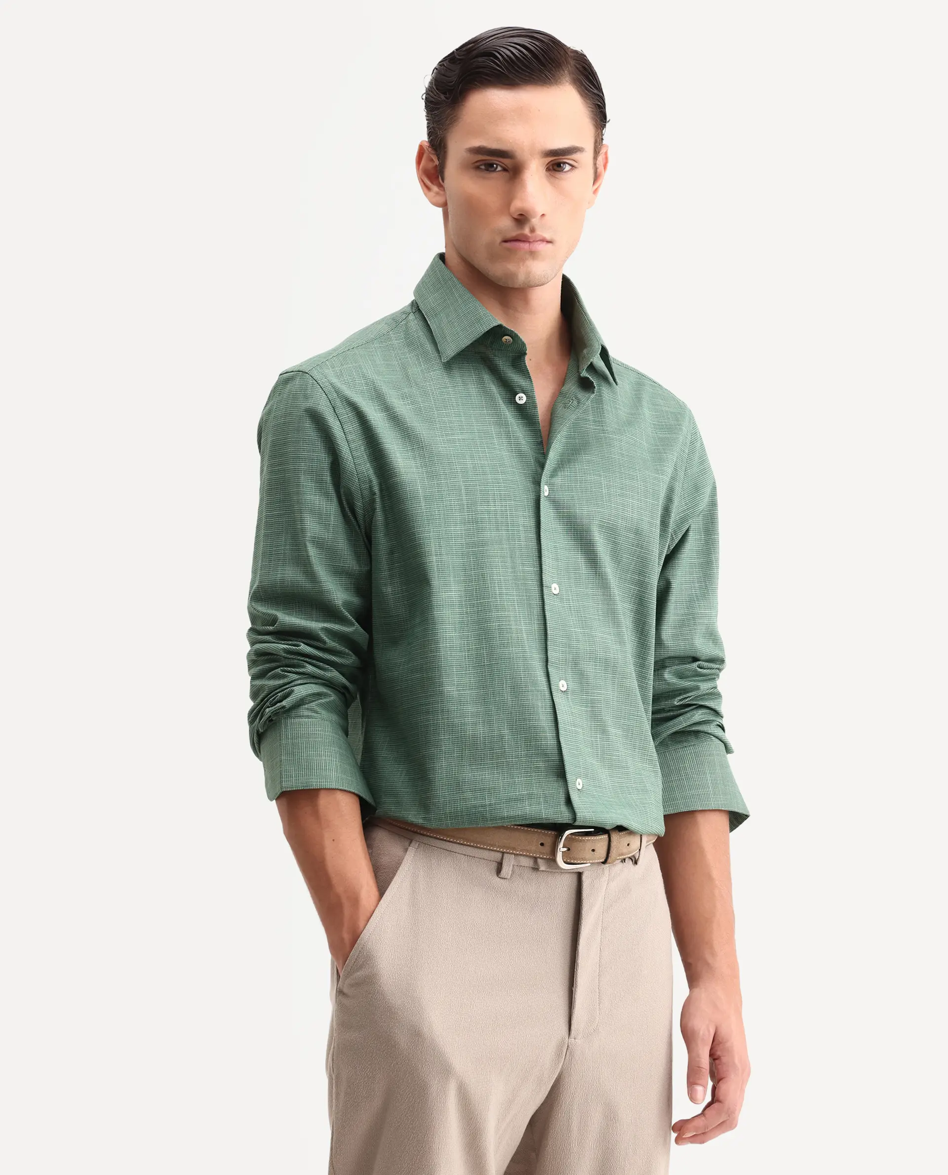 Rare Rabbit Men's Kenb Green Cotton Fabric Full Sleeve Spread Collar Button Regular Plain Shirt - Image 5