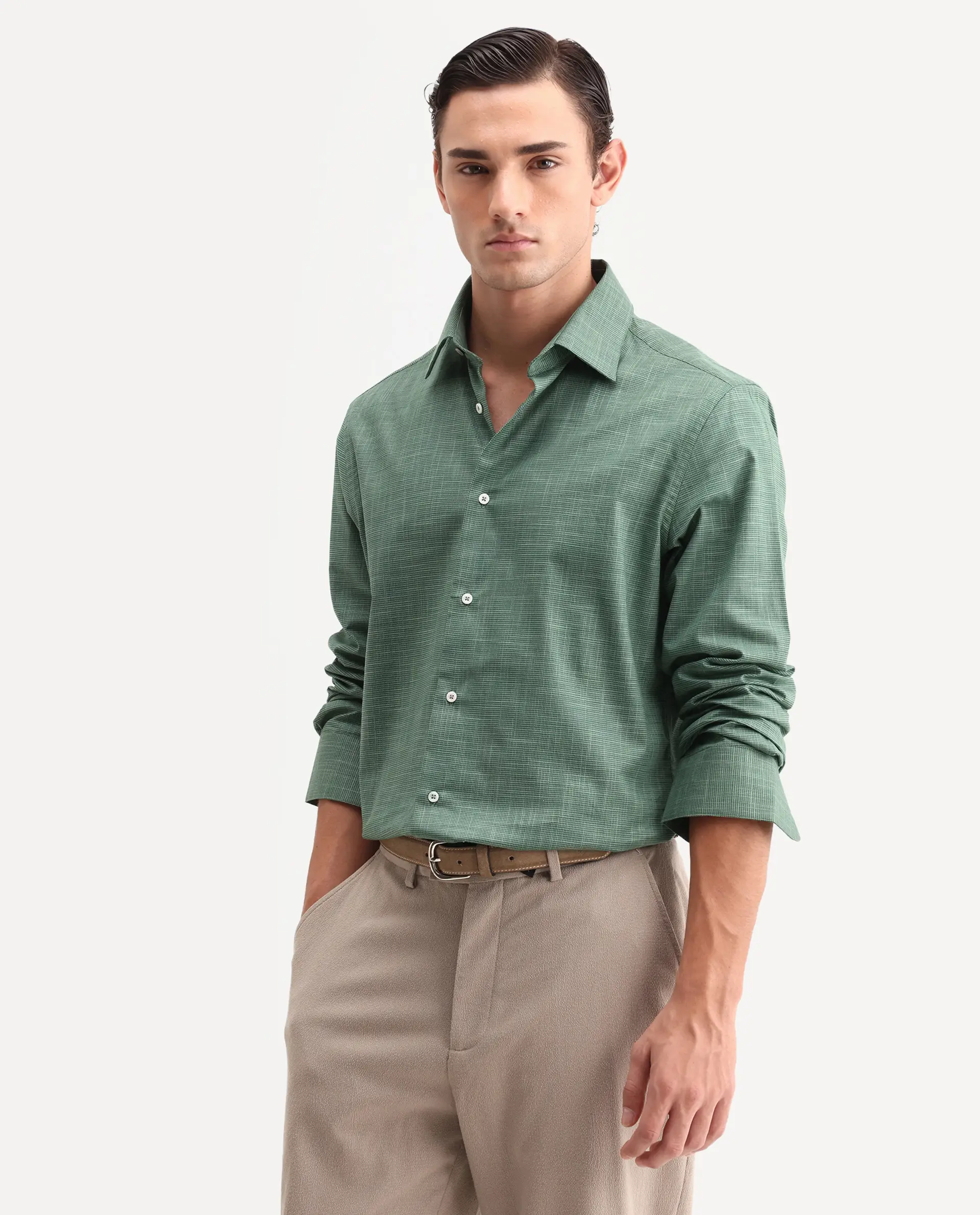 Rare Rabbit Men's Kenb Green Cotton Fabric Full Sleeve Spread Collar Button Regular Plain Shirt - Image 6