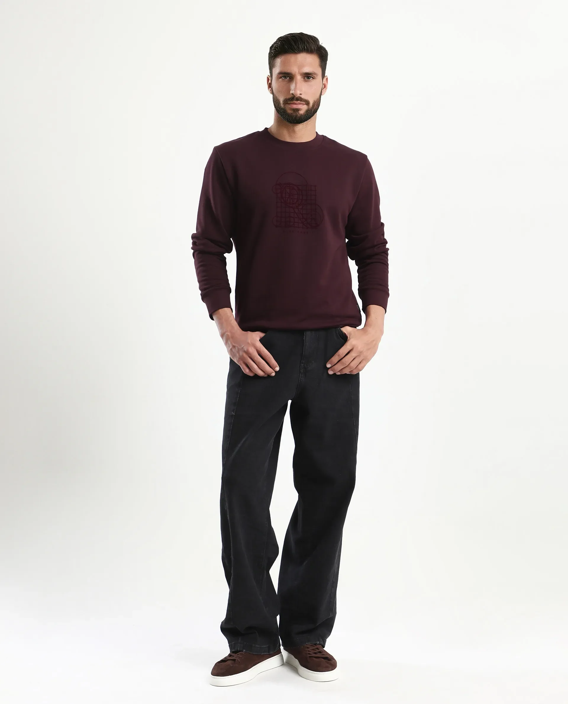Rare Rabbit Men's Kend Dark Maroon Cotton Blend Graphic Print Regular Fit Full Sleeve Crew Neck Sweatshirt - Image 2