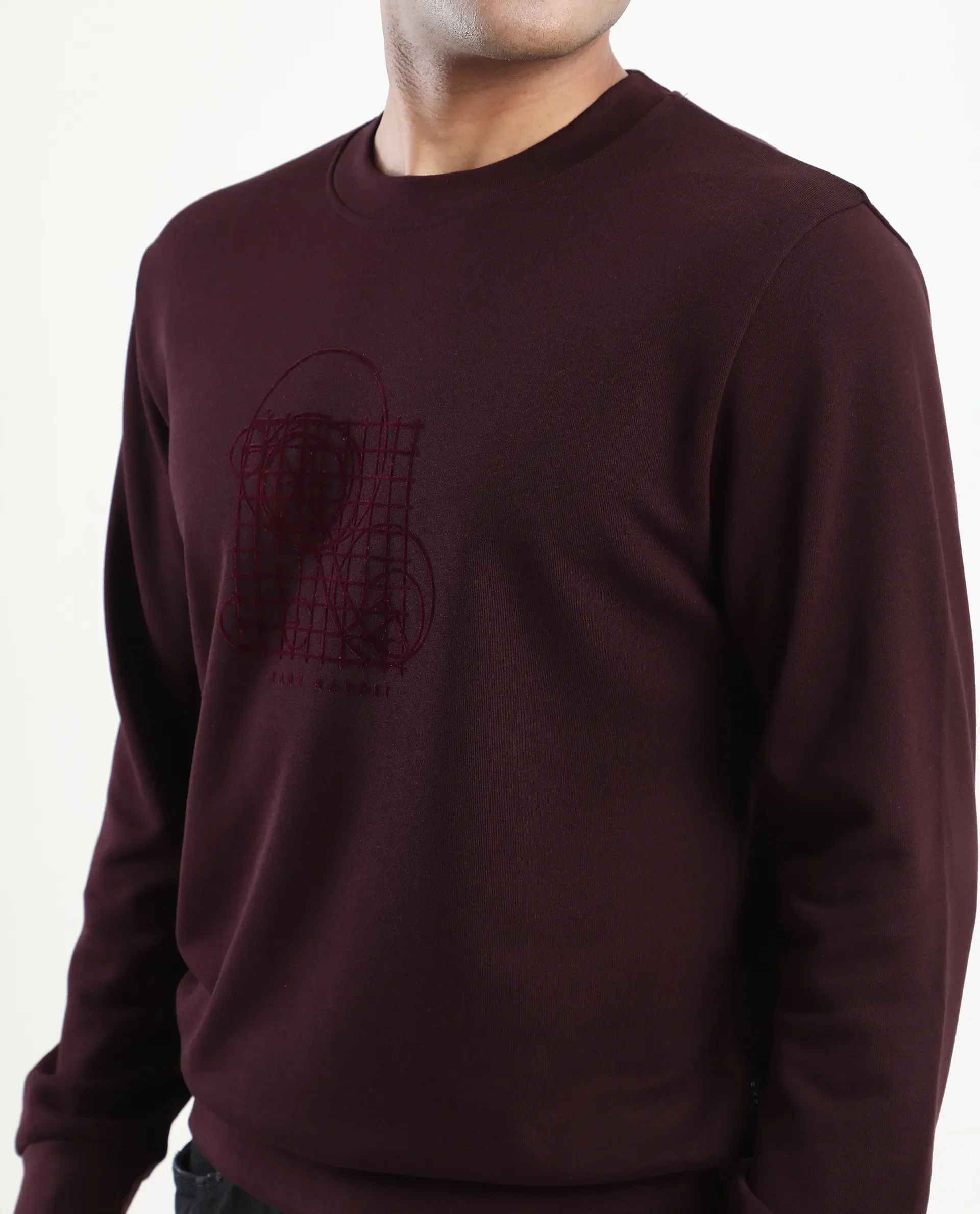 Rare Rabbit Men's Kend Dark Maroon Cotton Blend Graphic Print Regular Fit Full Sleeve Crew Neck Sweatshirt - Image 3