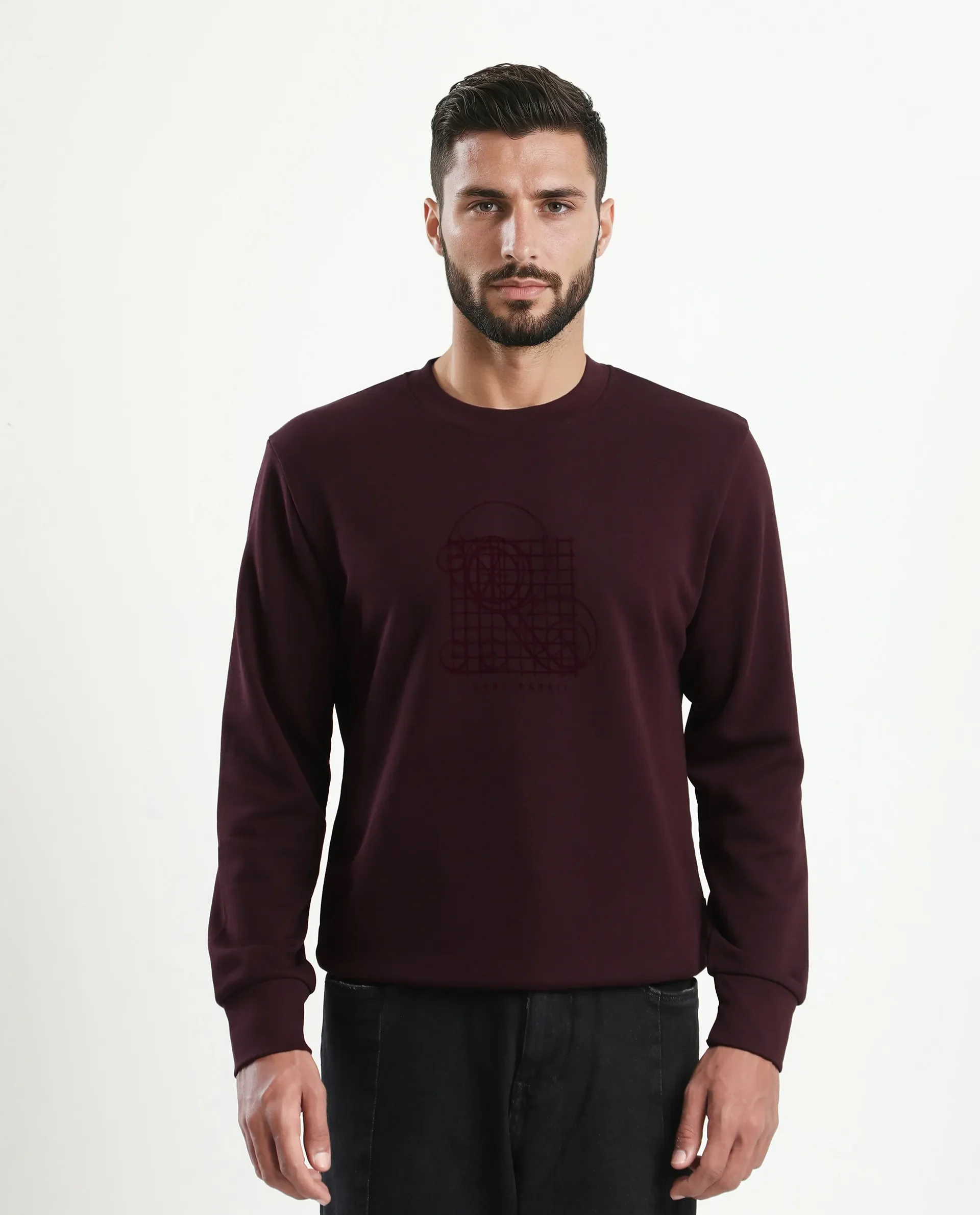 Rare Rabbit Men's Kend Dark Maroon Cotton Blend Graphic Print Regular Fit Full Sleeve Crew Neck Sweatshirt - Image 4