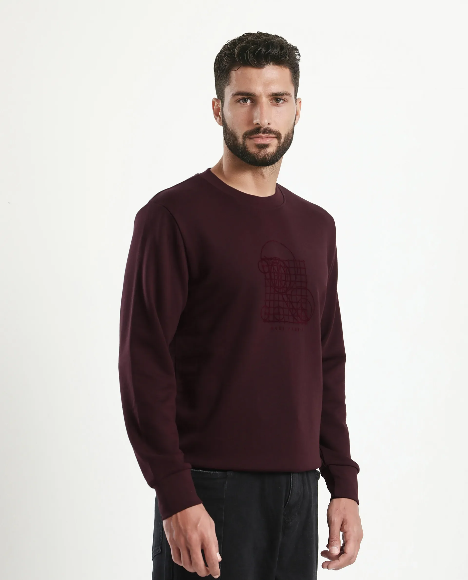 Rare Rabbit Men's Kend Dark Maroon Cotton Blend Graphic Print Regular Fit Full Sleeve Crew Neck Sweatshirt - Image 5