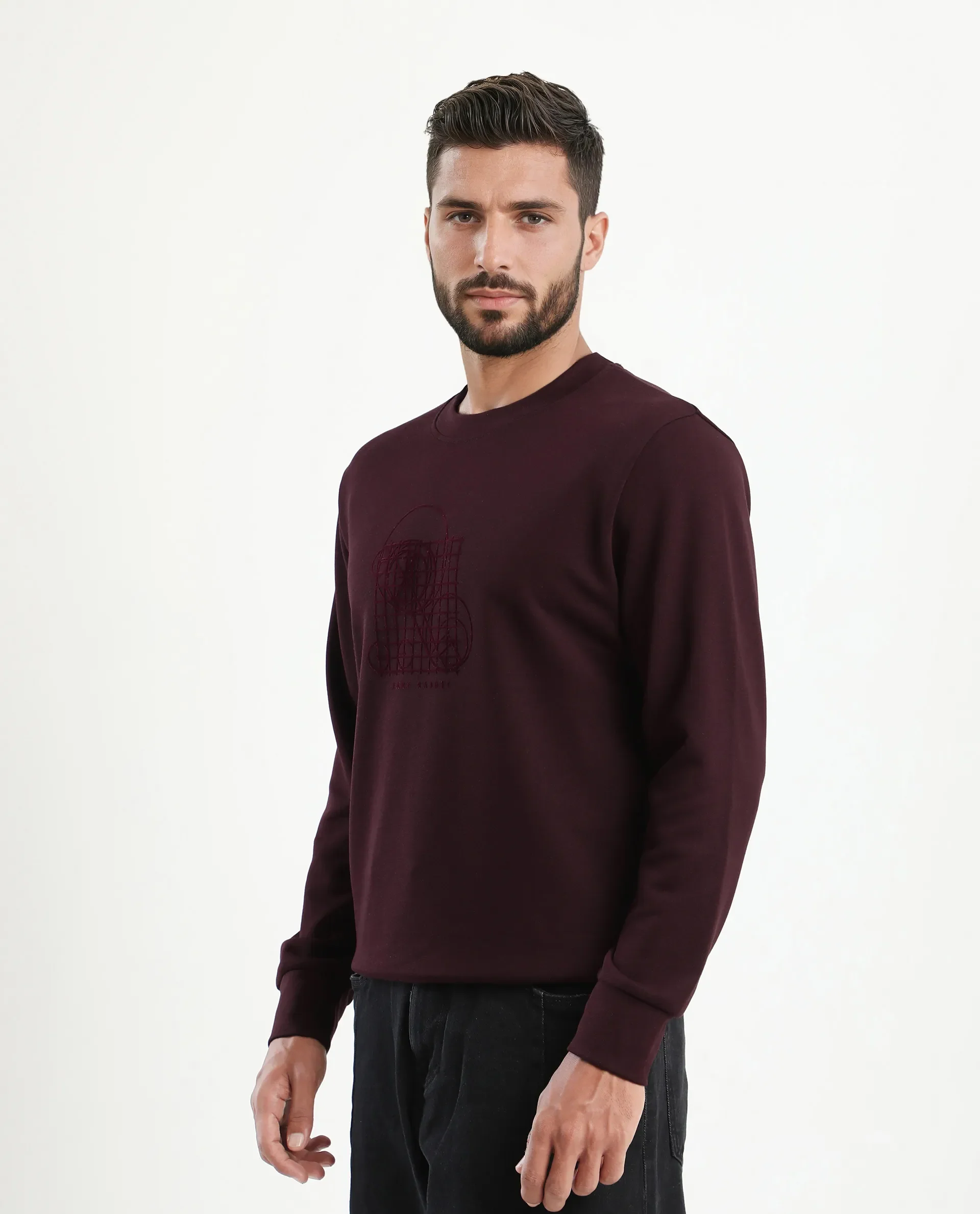 Rare Rabbit Men's Kend Dark Maroon Cotton Blend Graphic Print Regular Fit Full Sleeve Crew Neck Sweatshirt - Image 6