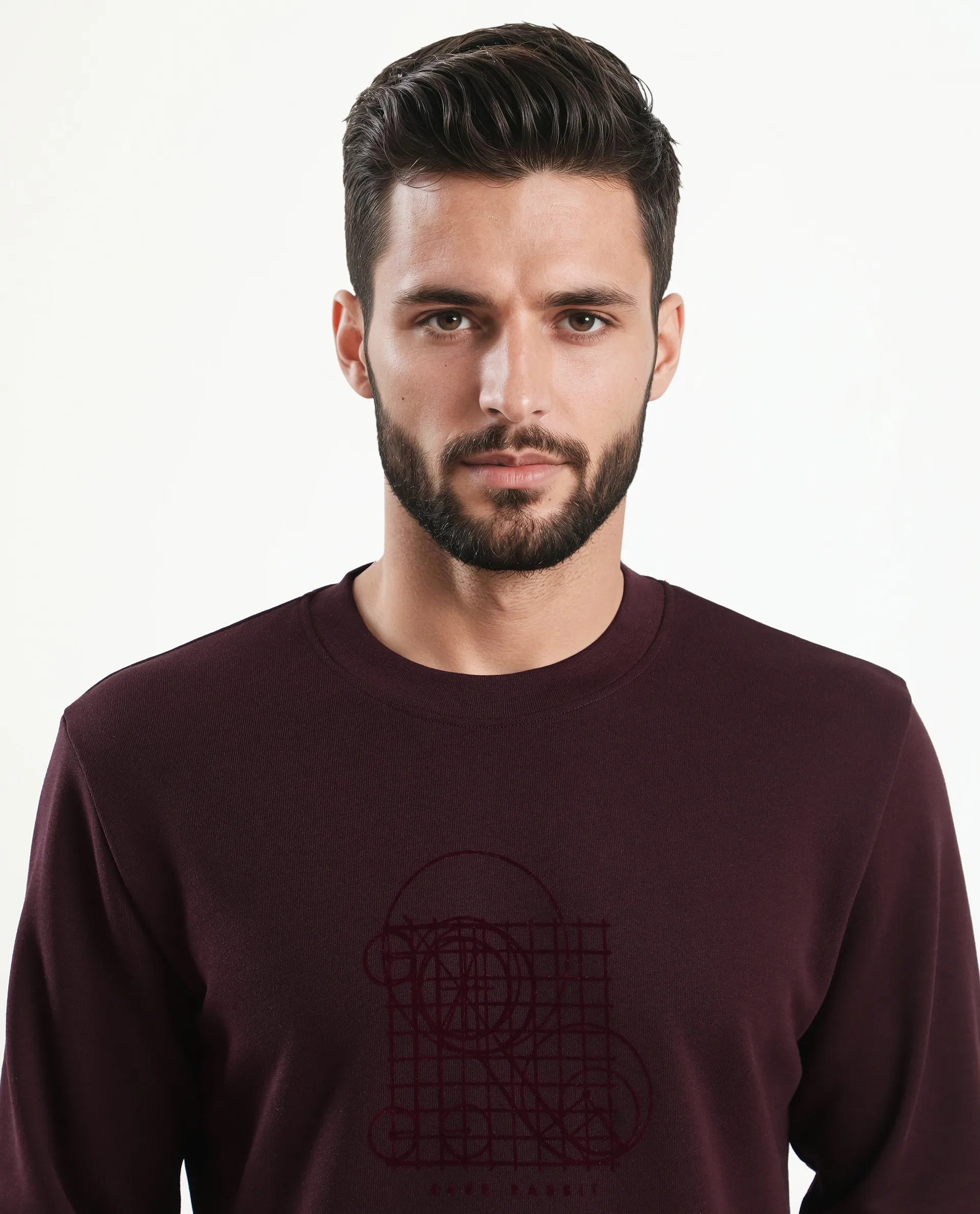 Rare Rabbit Men's Kend Dark Maroon Cotton Blend Graphic Print Regular Fit Full Sleeve Crew Neck Sweatshirt - Image 7