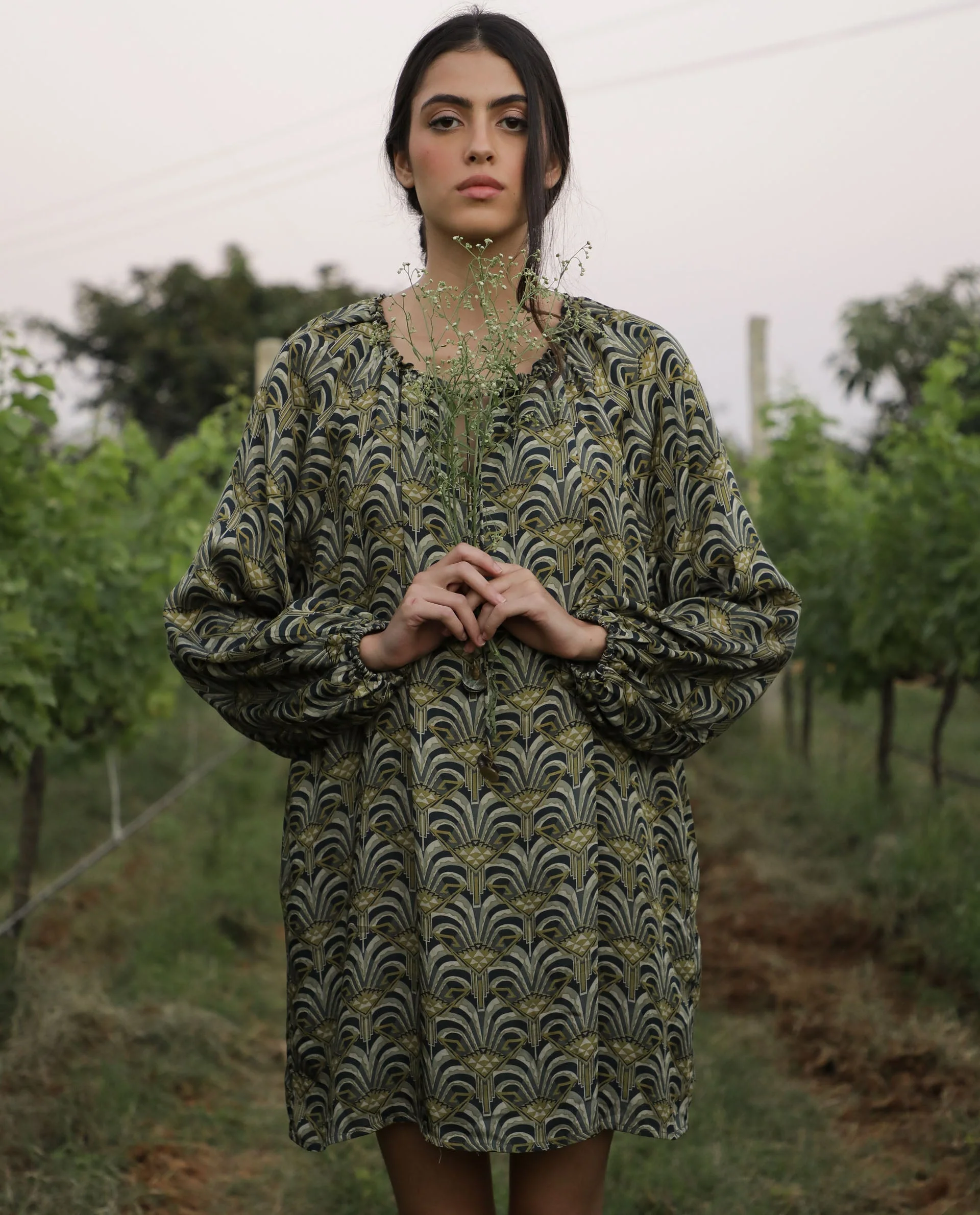 Rareism Women's Kendall Green Tie-Up Neck Geometric Print Volume Sleeve Knee Length Relaxed Fit Dress