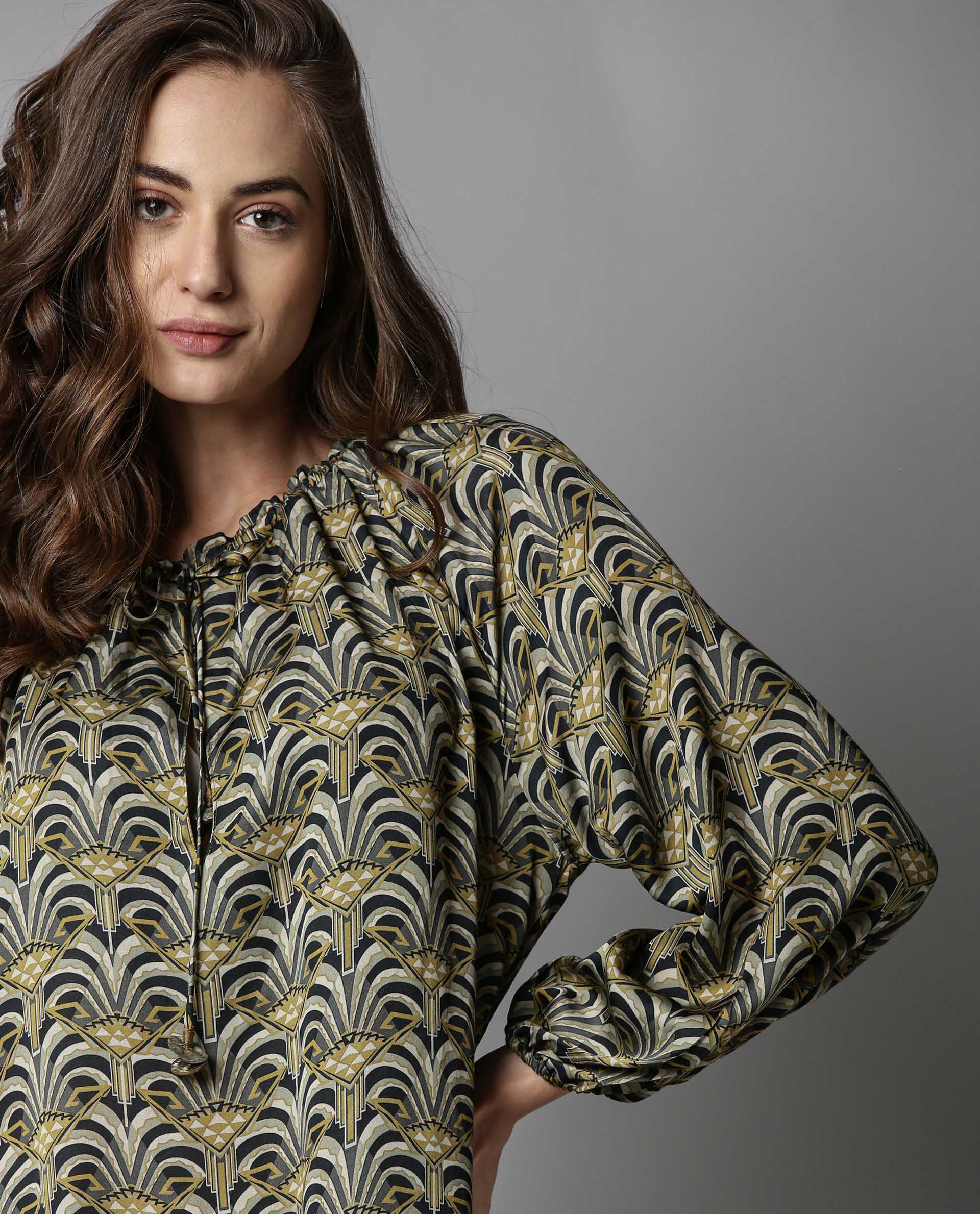 Rareism Women's Kendall Green Tie-Up Neck Geometric Print Volume Sleeve Knee Length Relaxed Fit Dress - Image 2