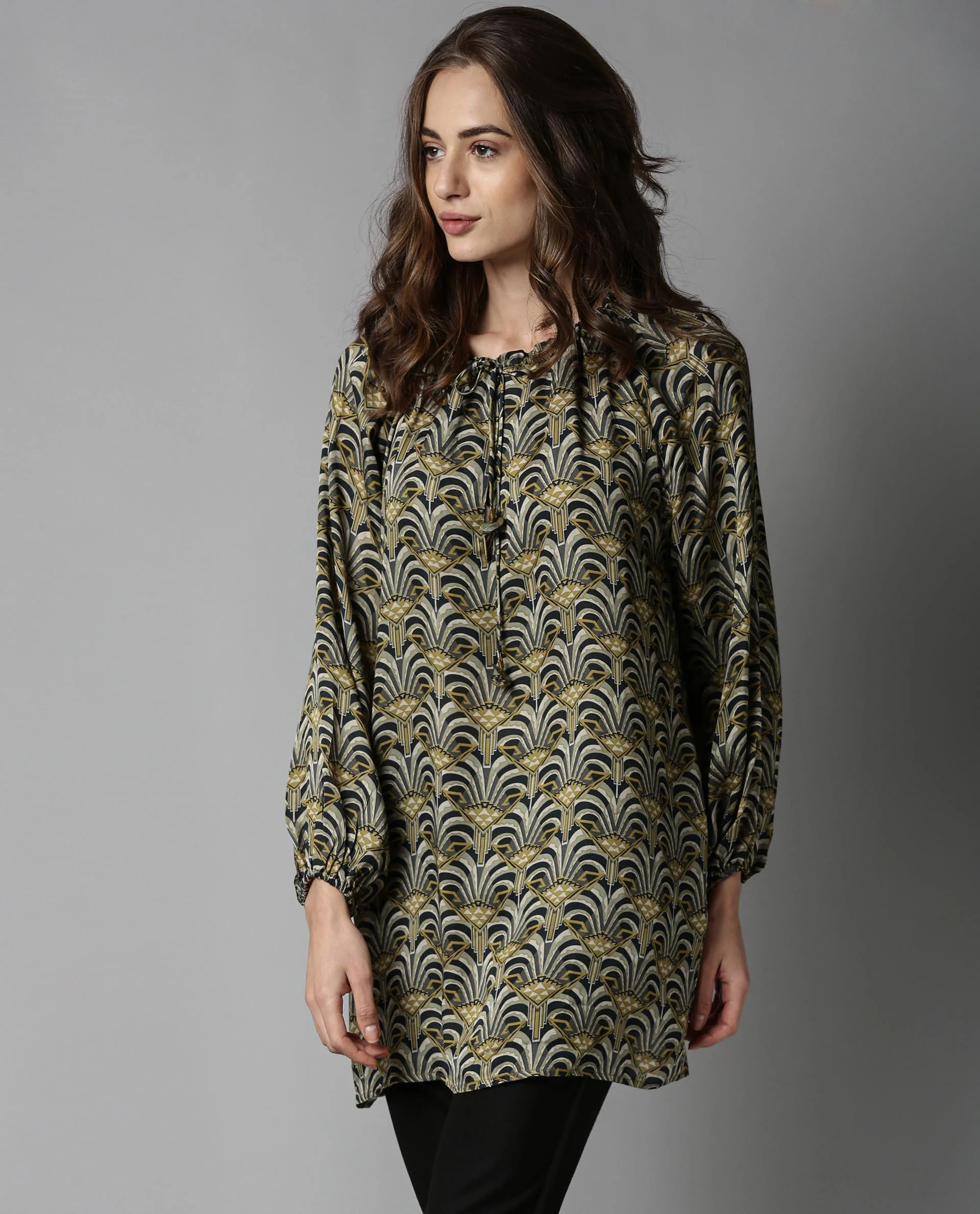 Rareism Women's Kendall Green Tie-Up Neck Geometric Print Volume Sleeve Knee Length Relaxed Fit Dress - Image 3