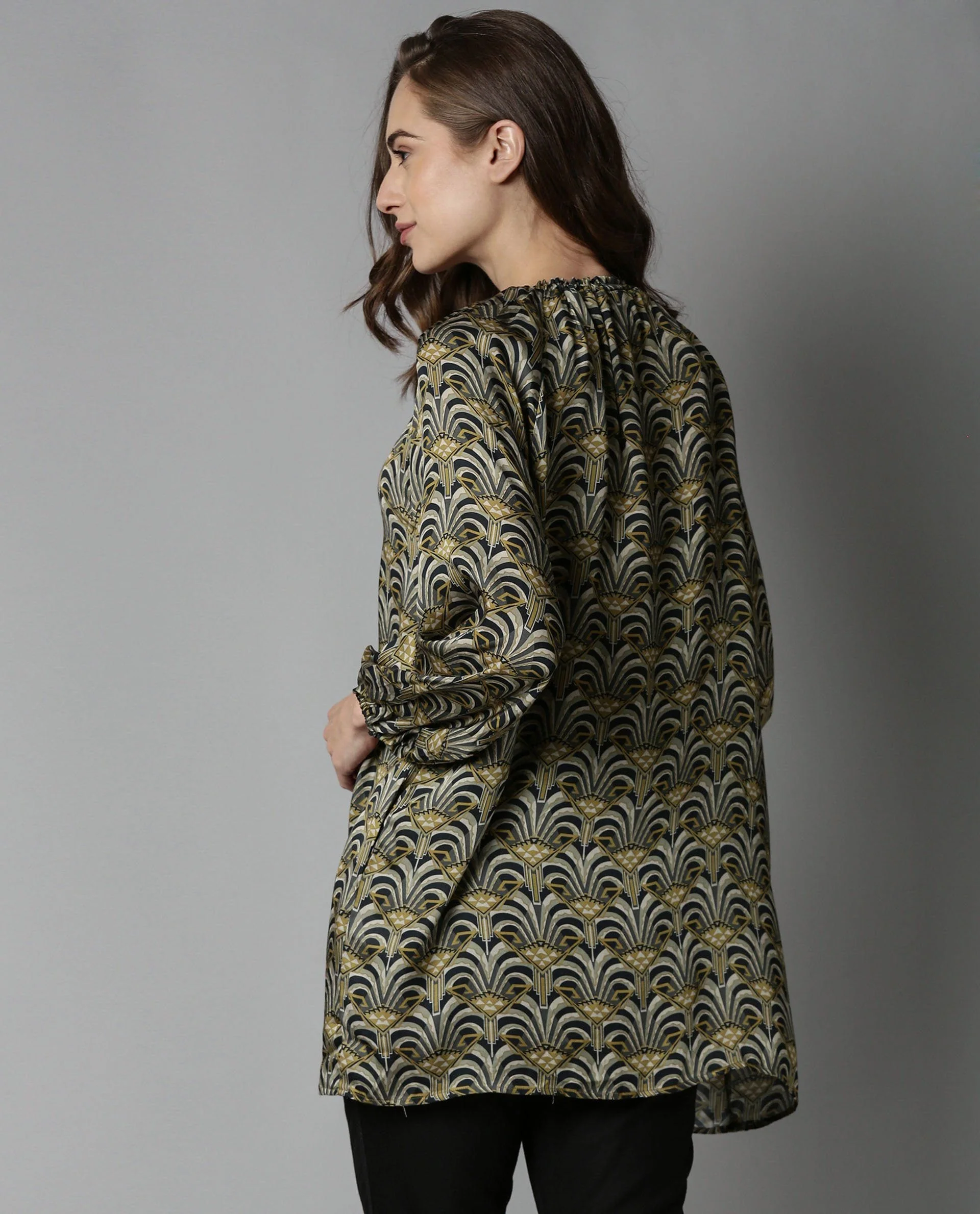 Rareism Women's Kendall Green Tie-Up Neck Geometric Print Volume Sleeve Knee Length Relaxed Fit Dress - Image 4