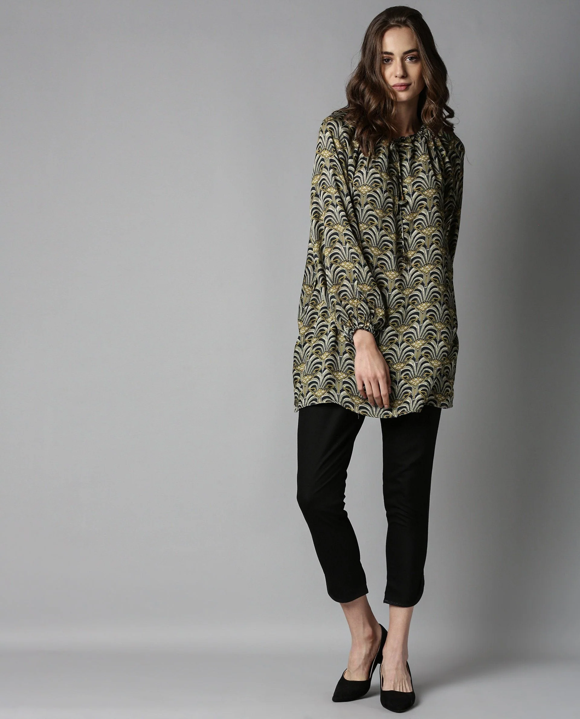 Rareism Women's Kendall Green Tie-Up Neck Geometric Print Volume Sleeve Knee Length Relaxed Fit Dress - Image 5