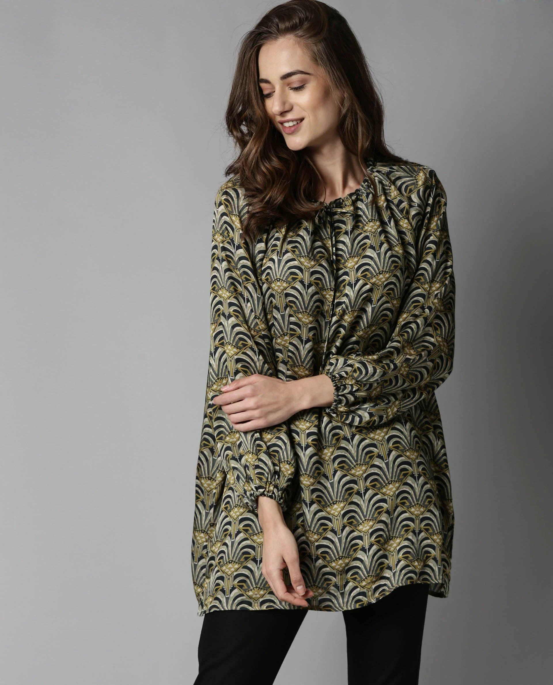 Rareism Women's Kendall Green Tie-Up Neck Geometric Print Volume Sleeve Knee Length Relaxed Fit Dress - Image 6