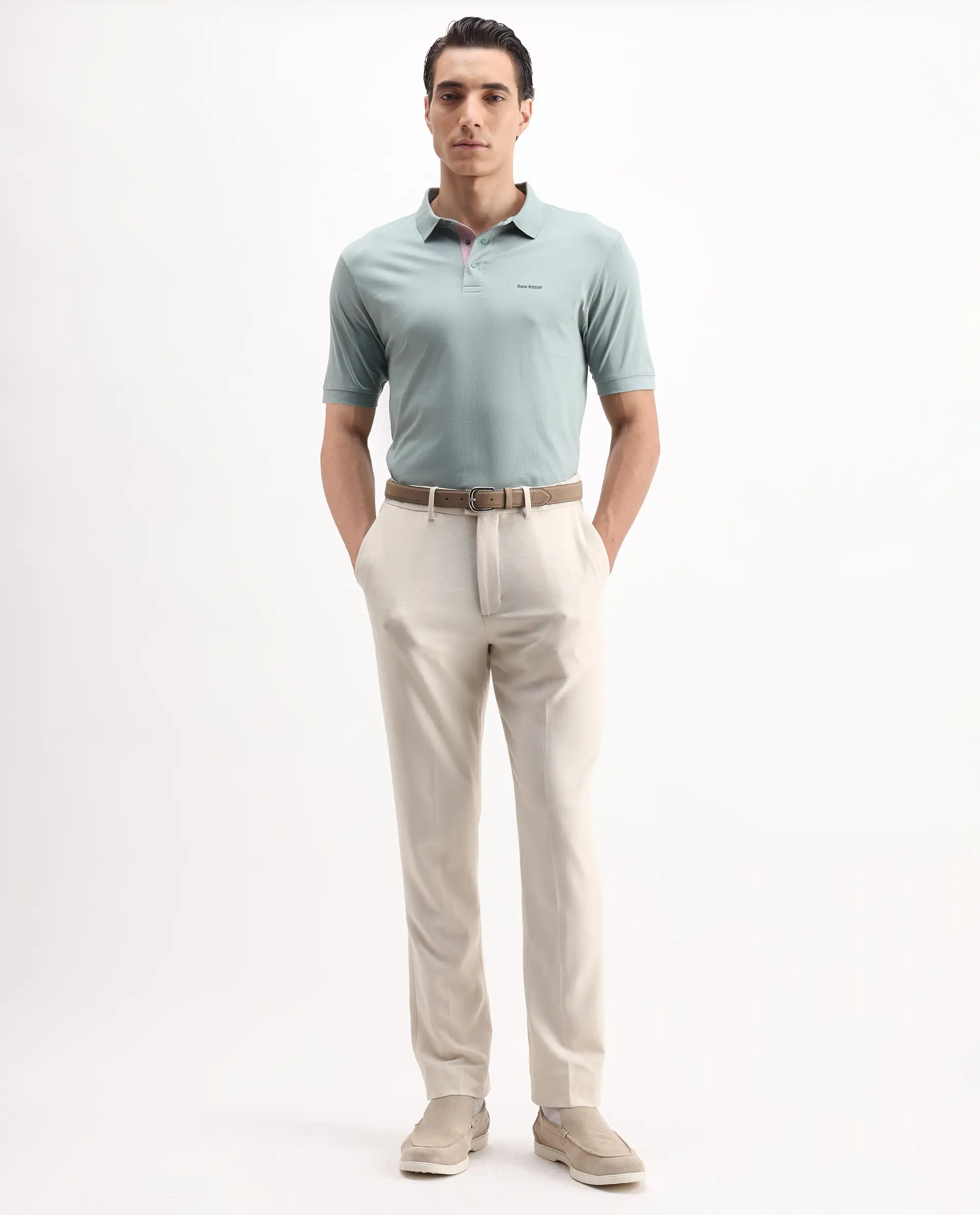 Rare Rabbit Men's Keneth-1 Light Teal Cotton Plain Regular Fit Half Sleeve Polo - Image 2