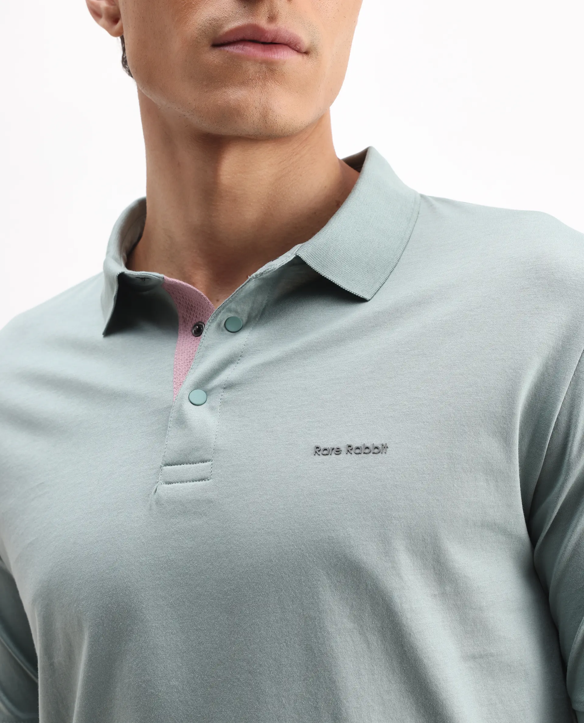 Rare Rabbit Men's Keneth-1 Light Teal Cotton Plain Regular Fit Half Sleeve Polo - Image 3
