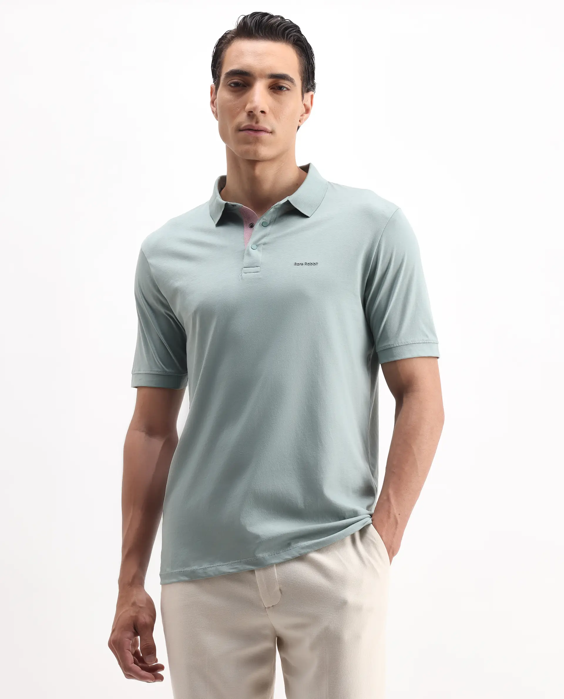 Rare Rabbit Men's Keneth-1 Light Teal Cotton Plain Regular Fit Half Sleeve Polo - Image 4