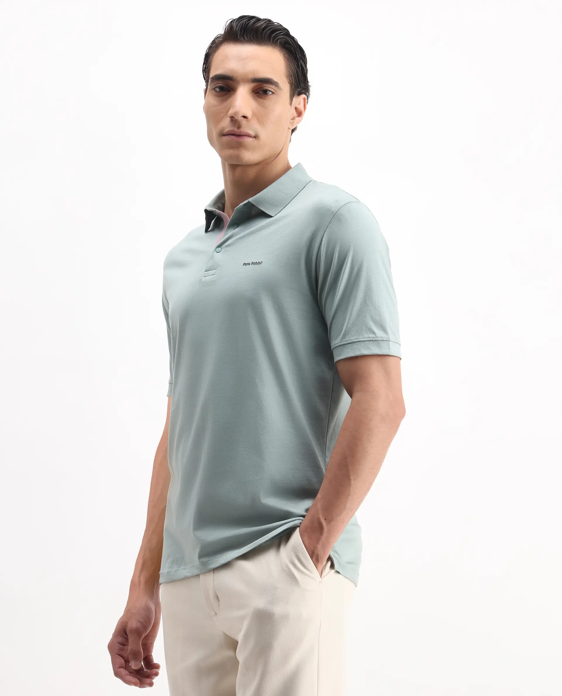 Rare Rabbit Men's Keneth-1 Light Teal Cotton Plain Regular Fit Half Sleeve Polo - Image 5
