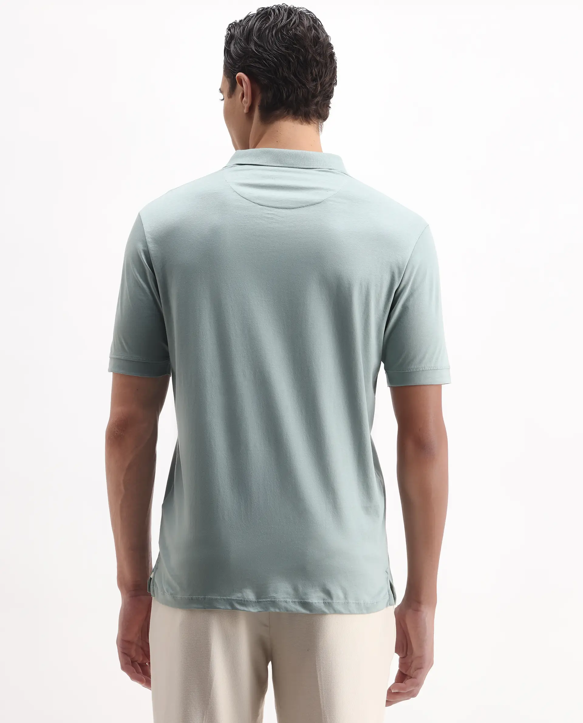 Rare Rabbit Men's Keneth-1 Light Teal Cotton Plain Regular Fit Half Sleeve Polo - Image 6