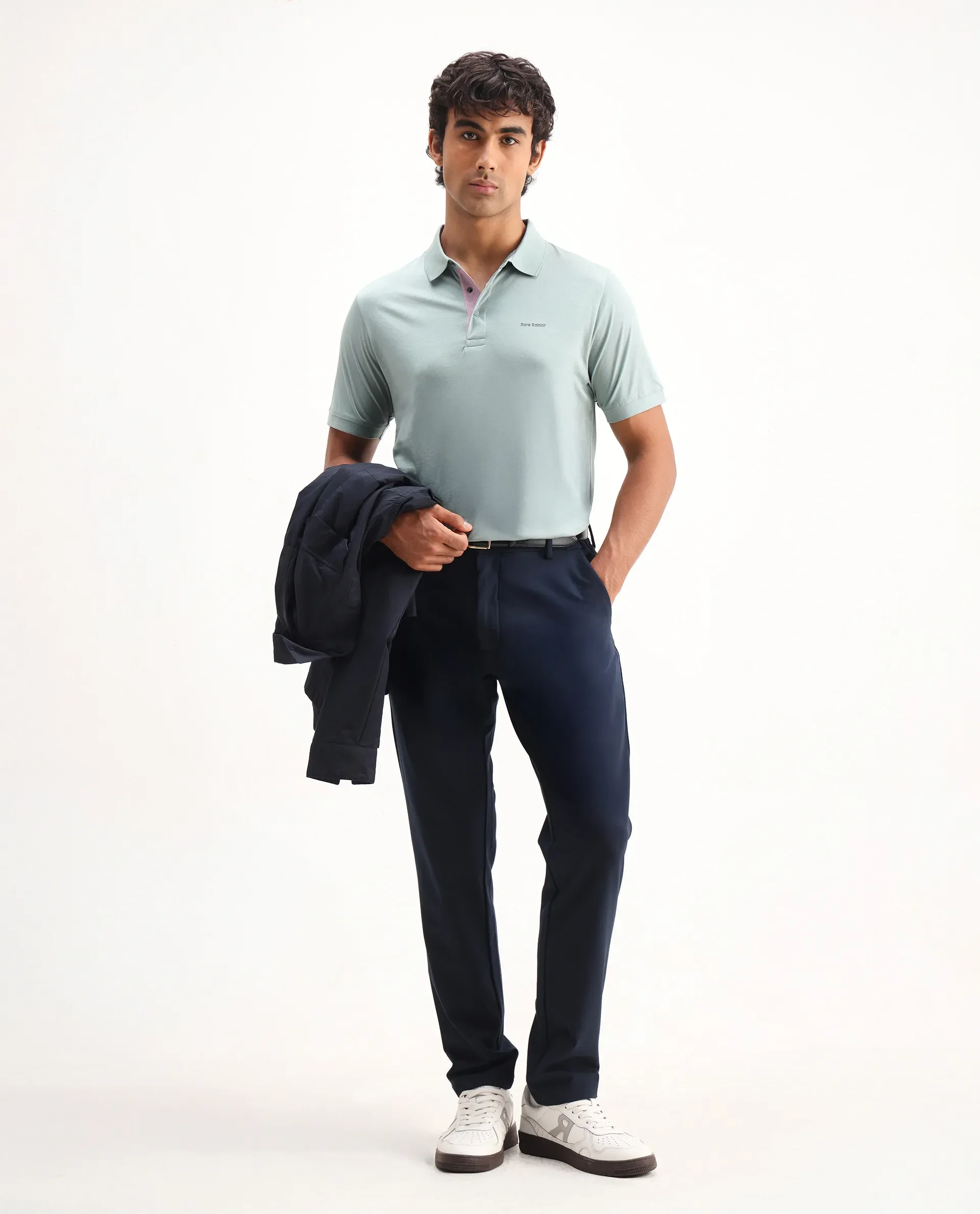 Rare Rabbit Men's Keneth Light Teal Cotton Plain Regular Fit Half Sleeve Polo - Image 2