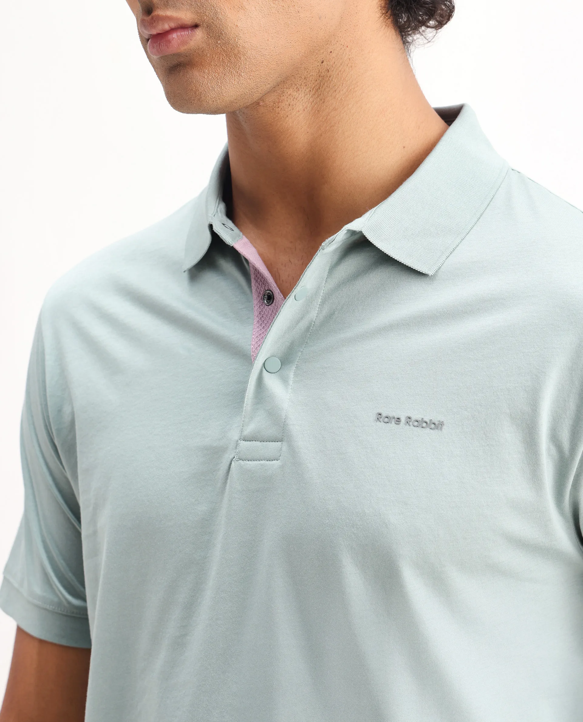 Rare Rabbit Men's Keneth Light Teal Cotton Plain Regular Fit Half Sleeve Polo - Image 3