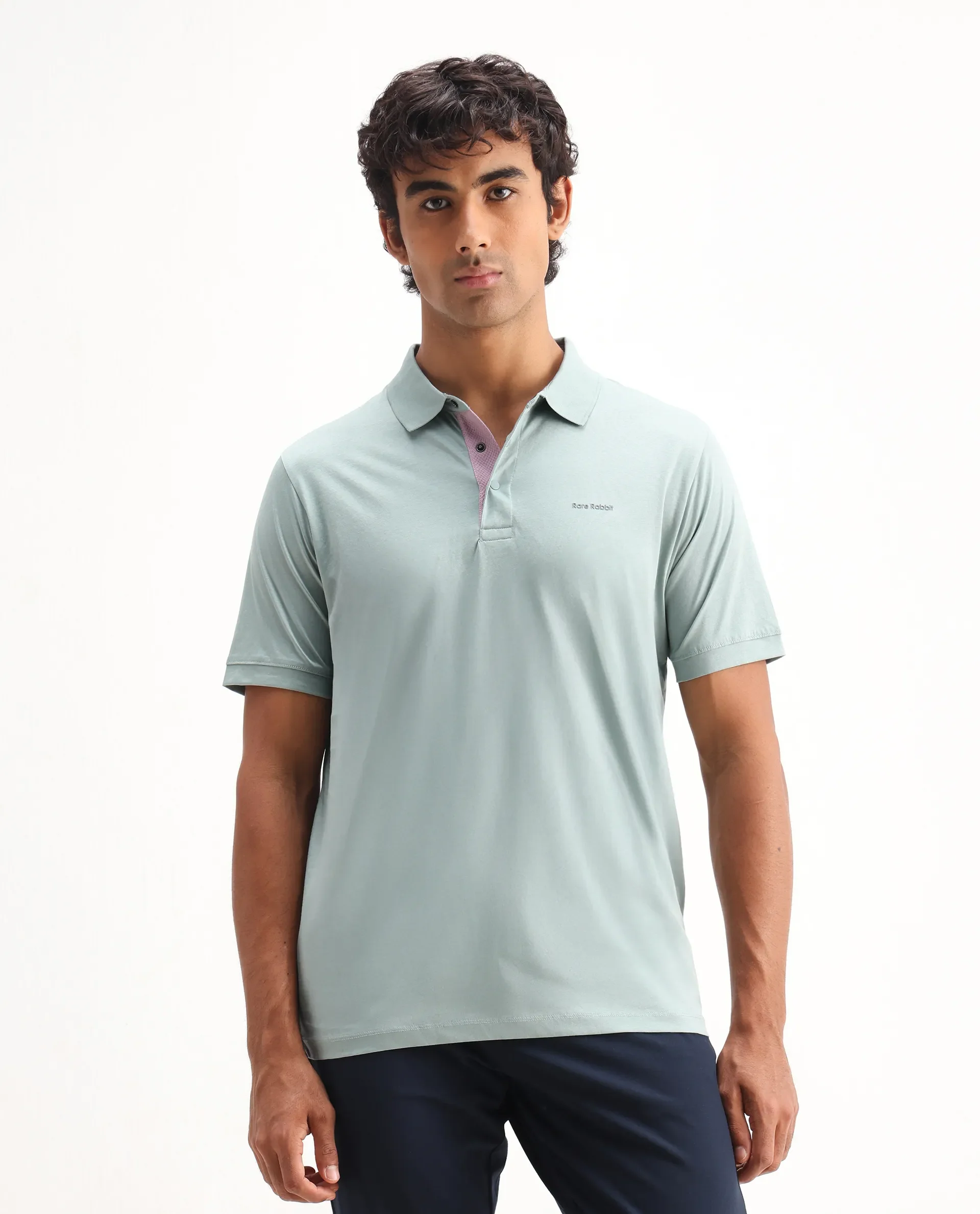 Rare Rabbit Men's Keneth Light Teal Cotton Plain Regular Fit Half Sleeve Polo - Image 4