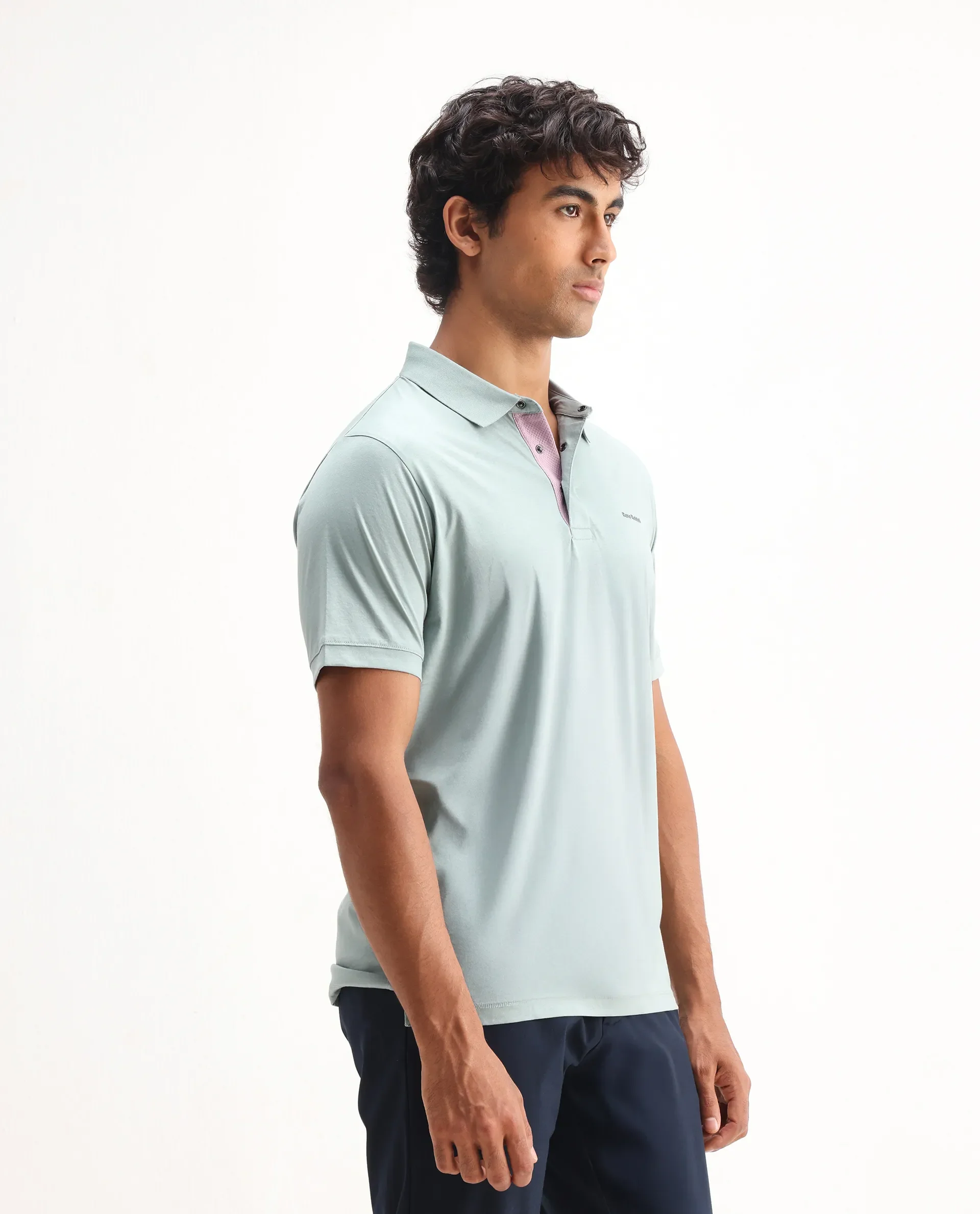 Rare Rabbit Men's Keneth Light Teal Cotton Plain Regular Fit Half Sleeve Polo - Image 5