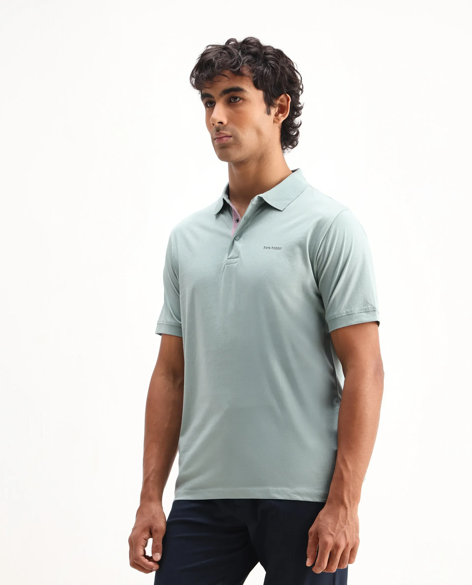 Rare Rabbit Men's Keneth Light Teal Cotton Plain Regular Fit Half Sleeve Polo - Image 6