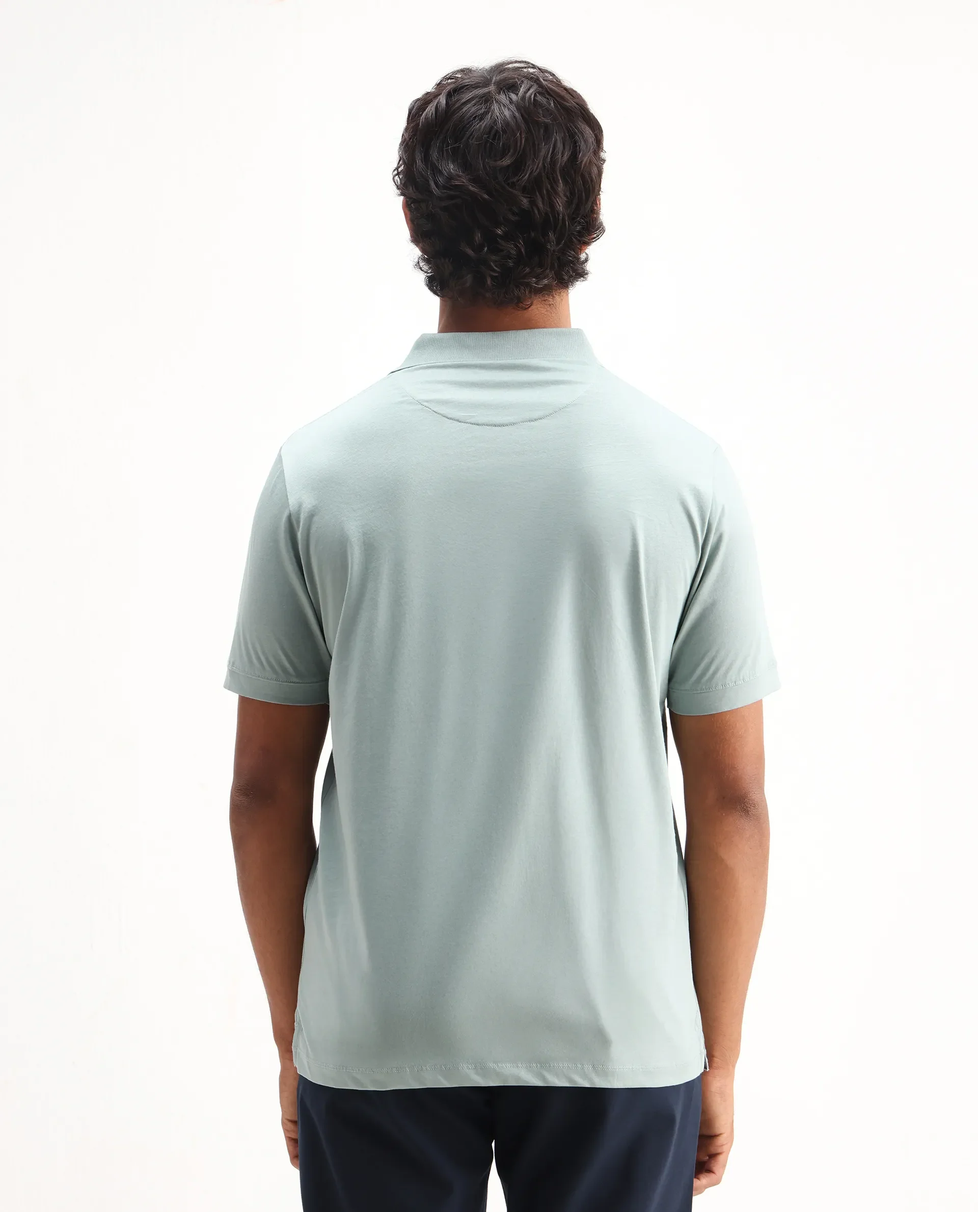 Rare Rabbit Men's Keneth Light Teal Cotton Plain Regular Fit Half Sleeve Polo - Image 7
