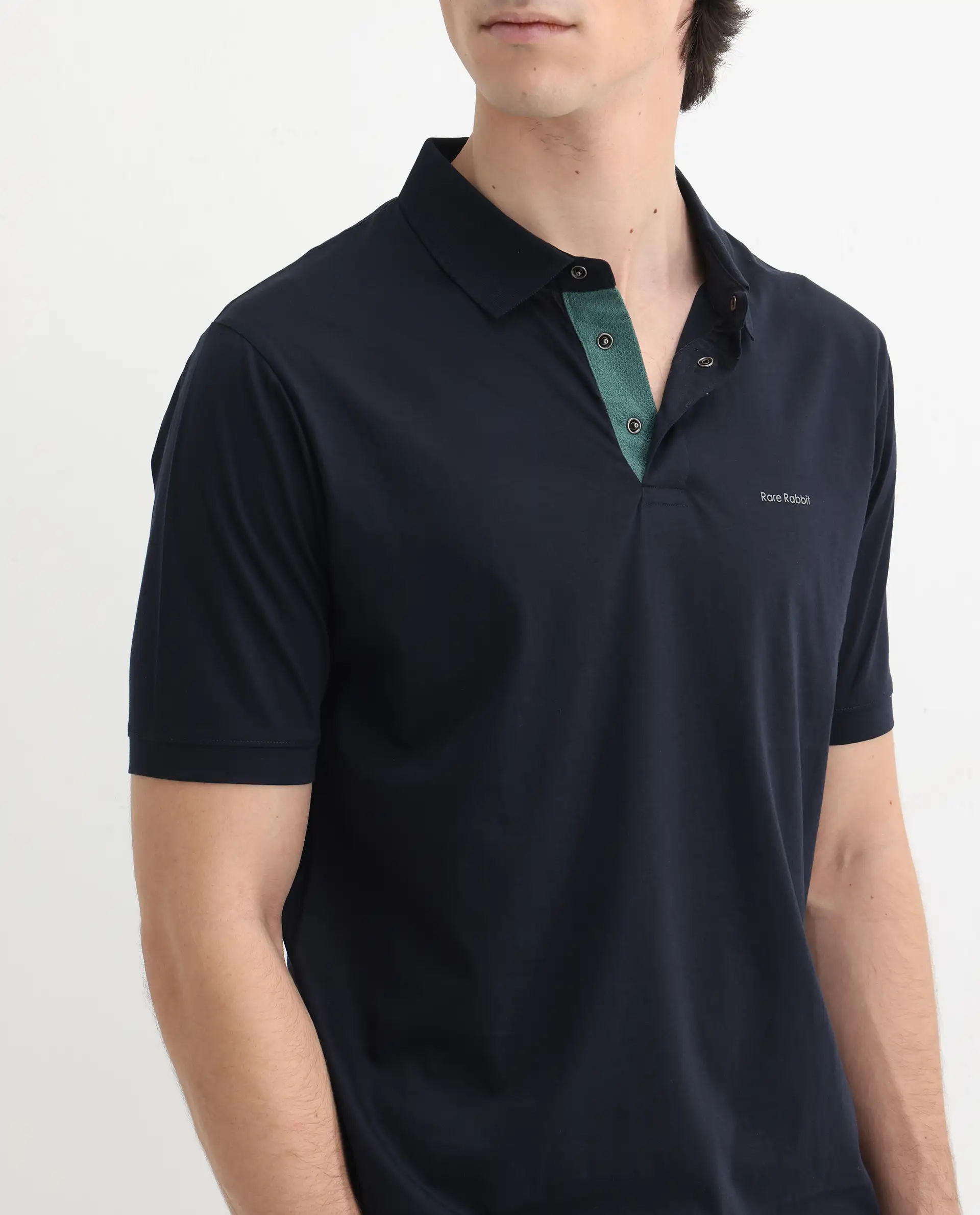 Rare Rabbit Men's Keneth Navy Cotton Plain Regular Fit Half Sleeve Polo - Image 3