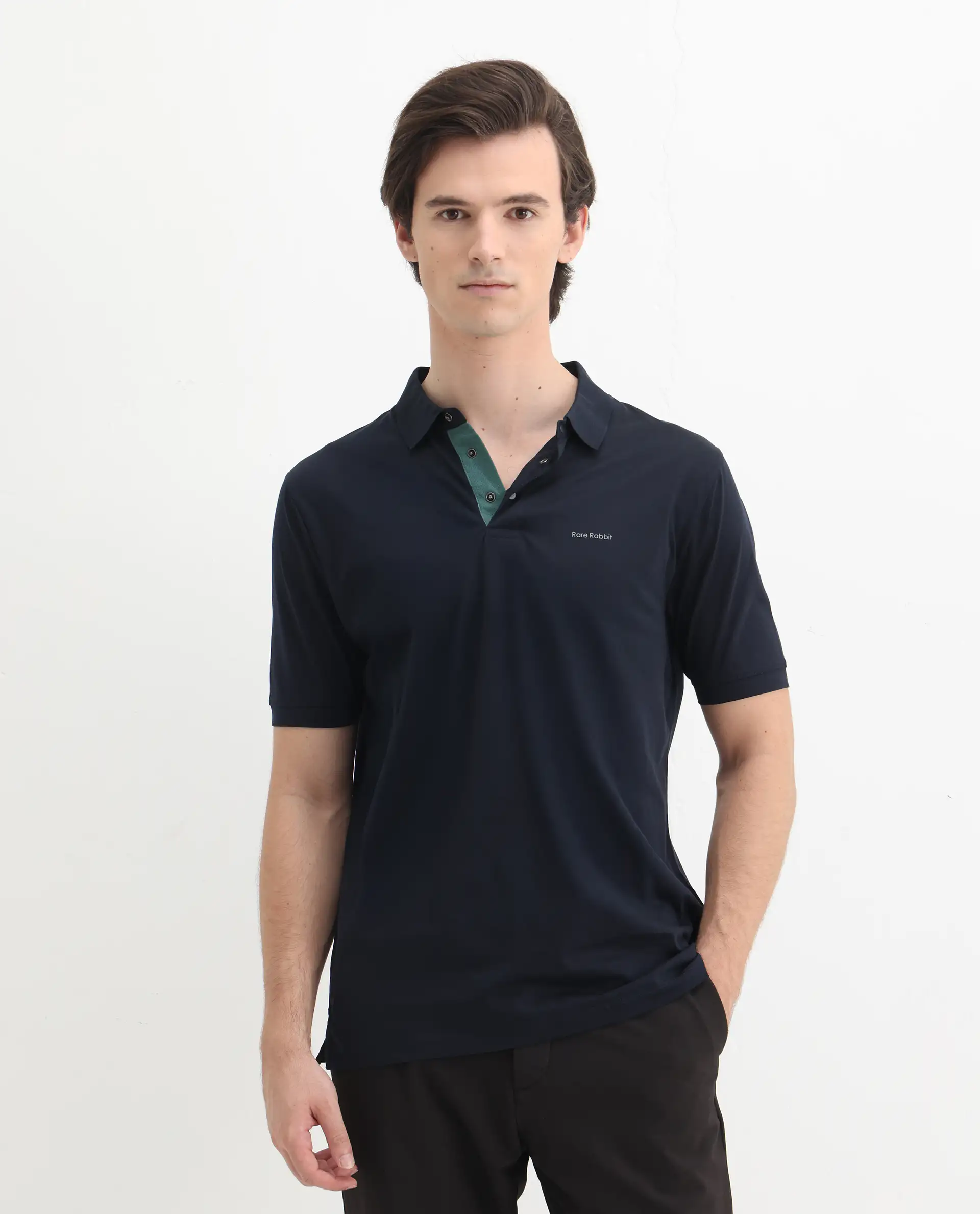Rare Rabbit Men's Keneth Navy Cotton Plain Regular Fit Half Sleeve Polo - Image 4