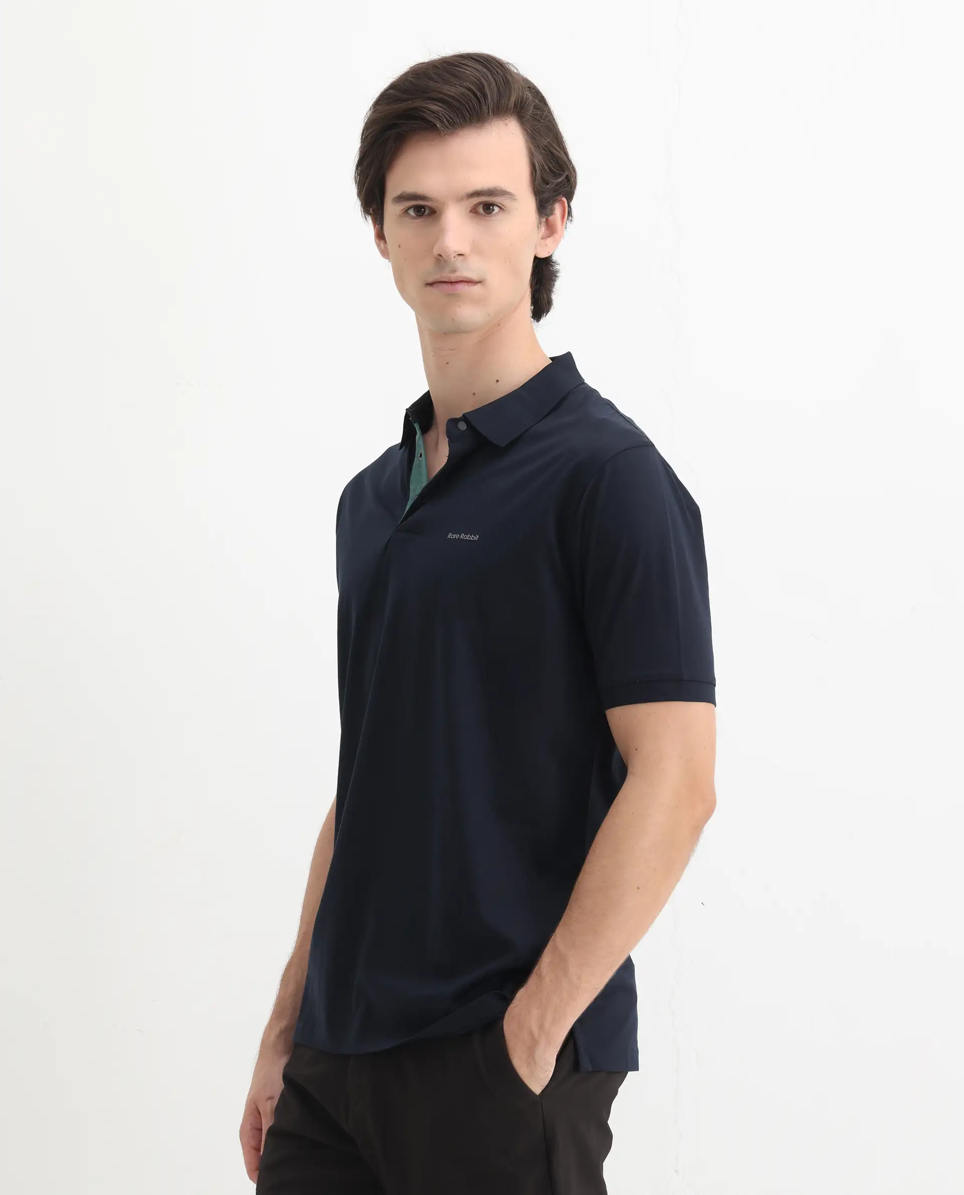 Rare Rabbit Men's Keneth Navy Cotton Plain Regular Fit Half Sleeve Polo - Image 5