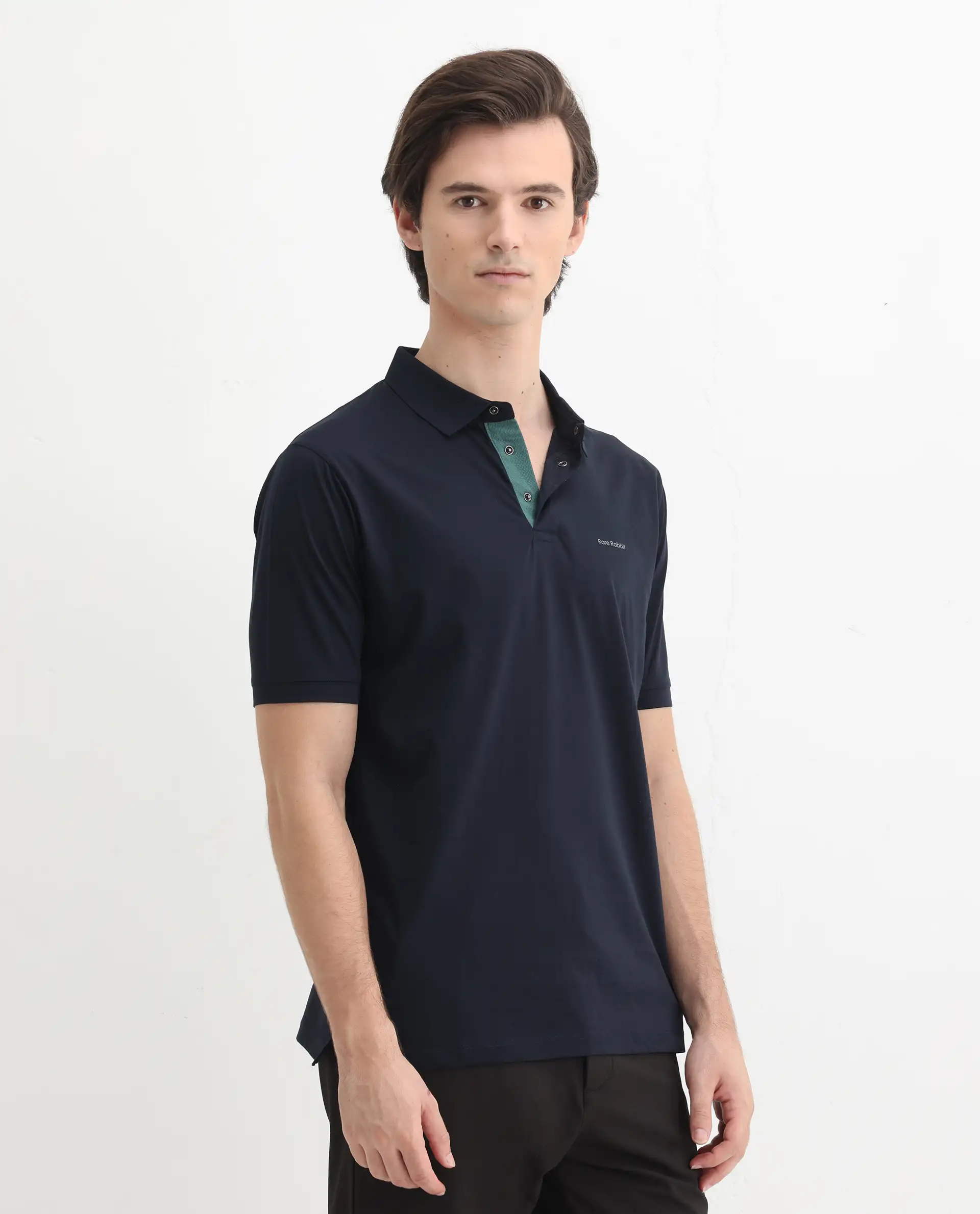 Rare Rabbit Men's Keneth Navy Cotton Plain Regular Fit Half Sleeve Polo - Image 6