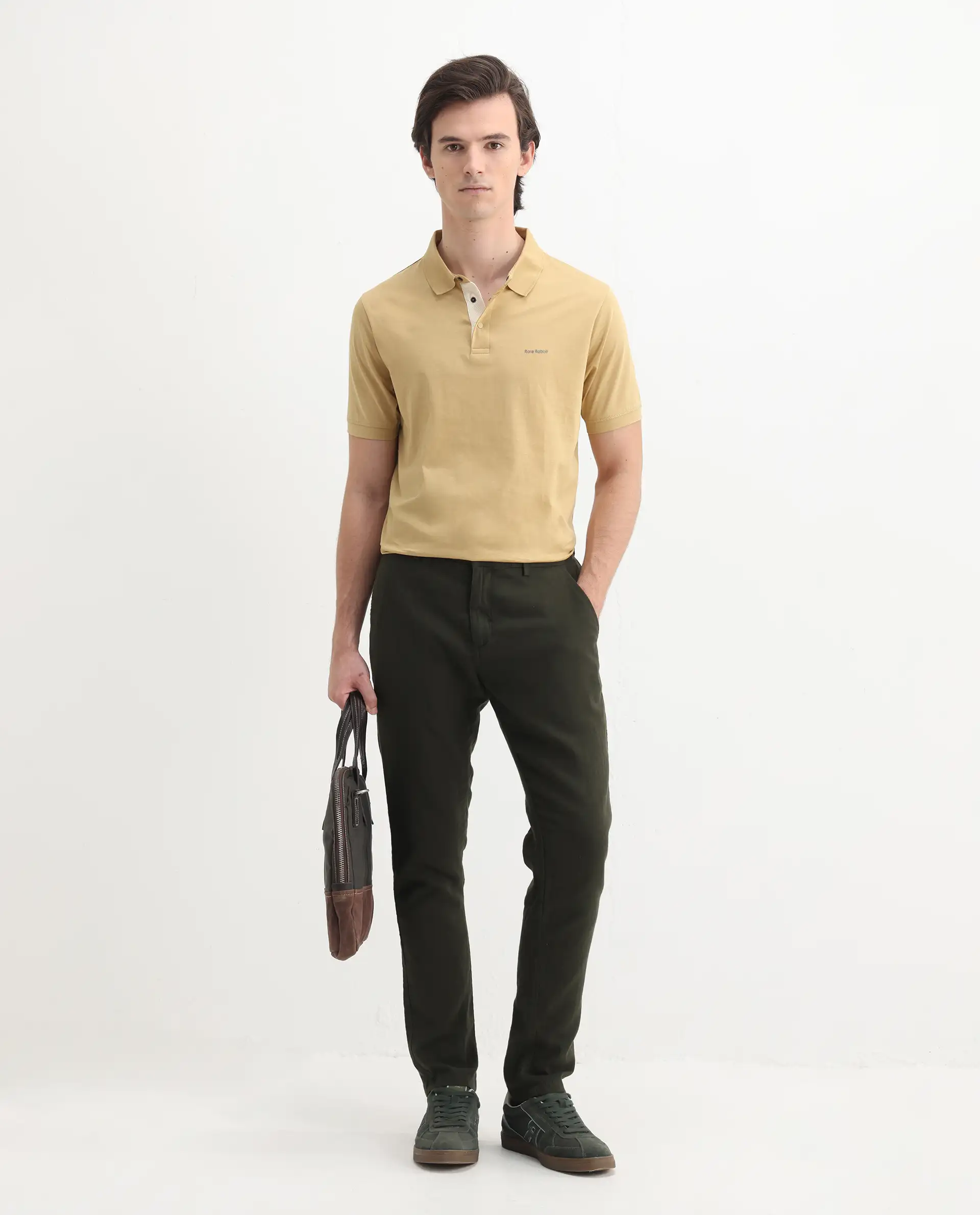 Rare Rabbit Men's Keneth Pastel Brown Cotton Plain Regular Fit Half Sleeve Polo - Image 2
