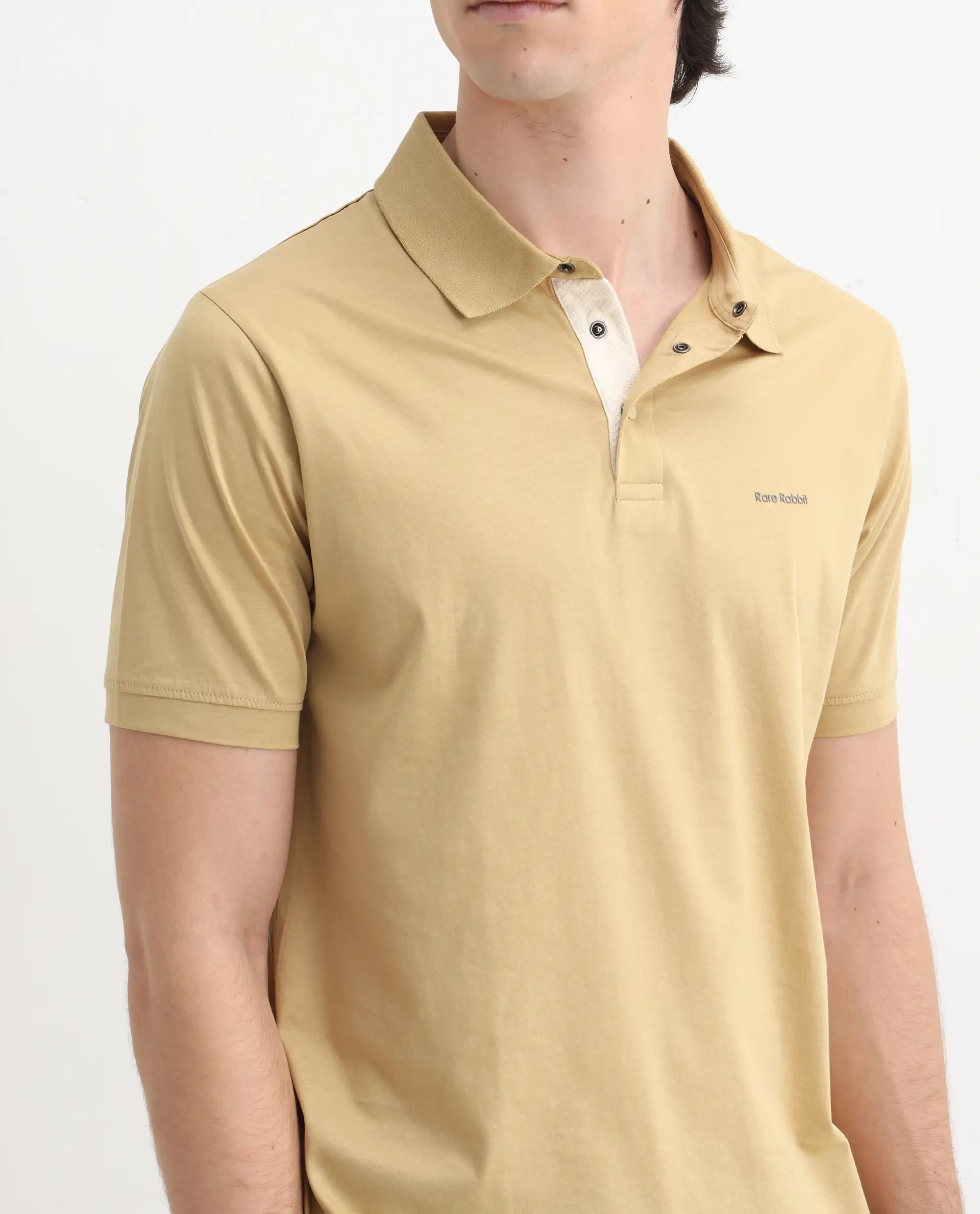Rare Rabbit Men's Keneth Pastel Brown Cotton Plain Regular Fit Half Sleeve Polo - Image 3
