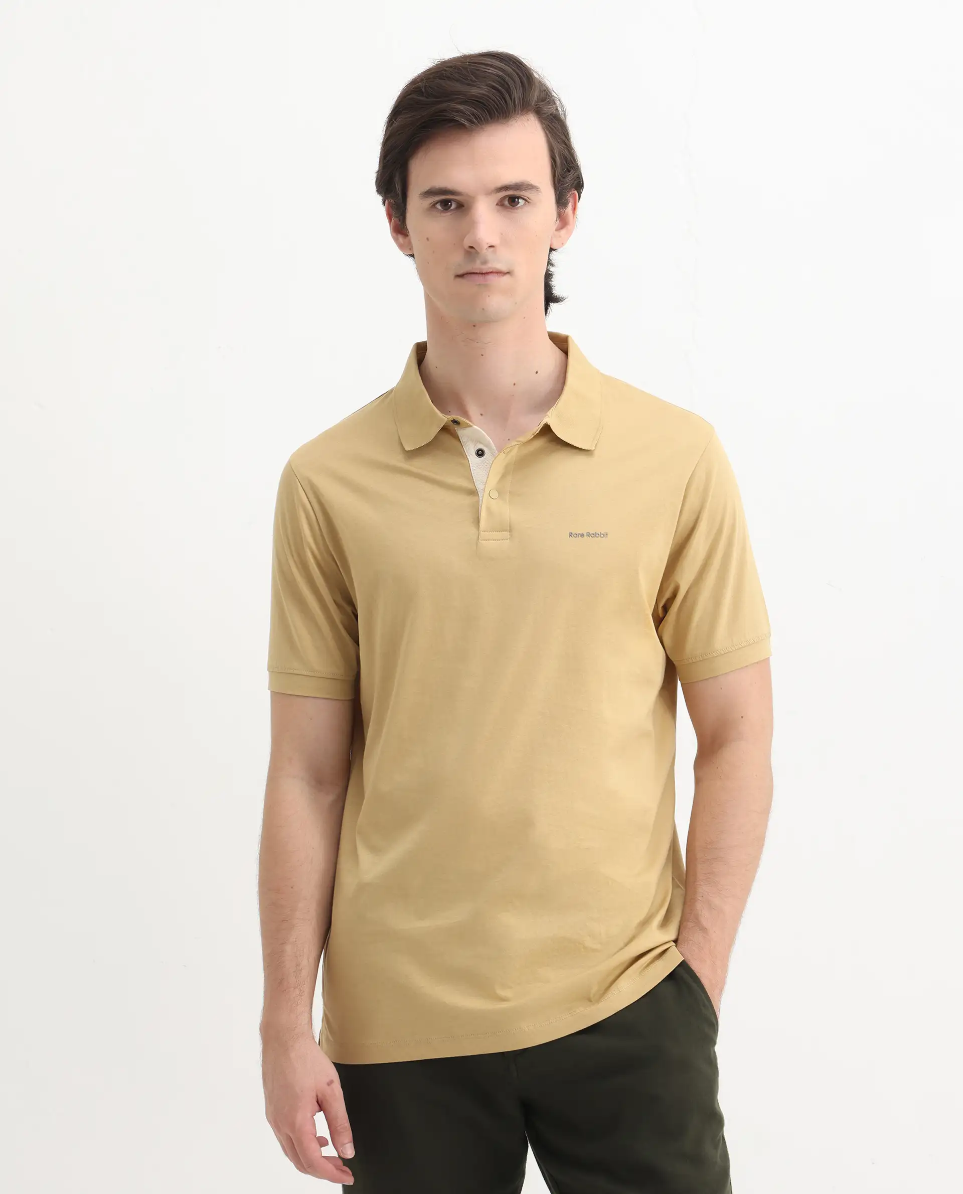 Rare Rabbit Men's Keneth Pastel Brown Cotton Plain Regular Fit Half Sleeve Polo - Image 4