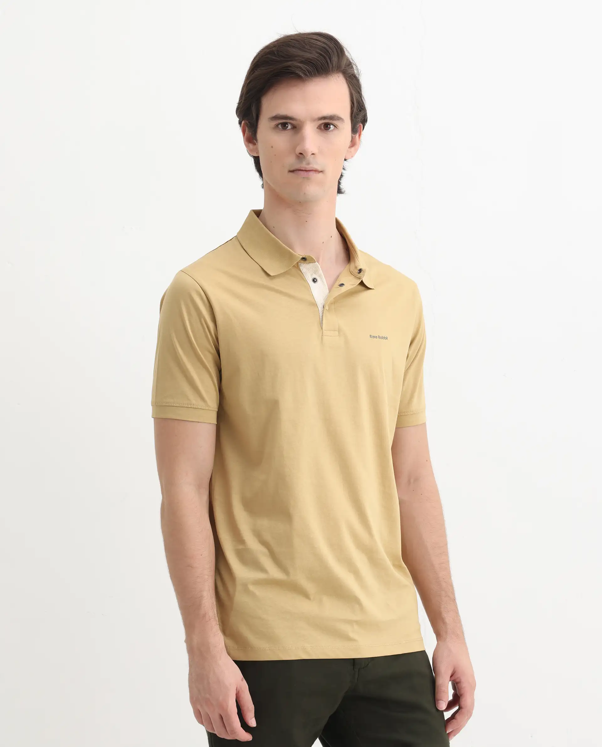 Rare Rabbit Men's Keneth Pastel Brown Cotton Plain Regular Fit Half Sleeve Polo - Image 6