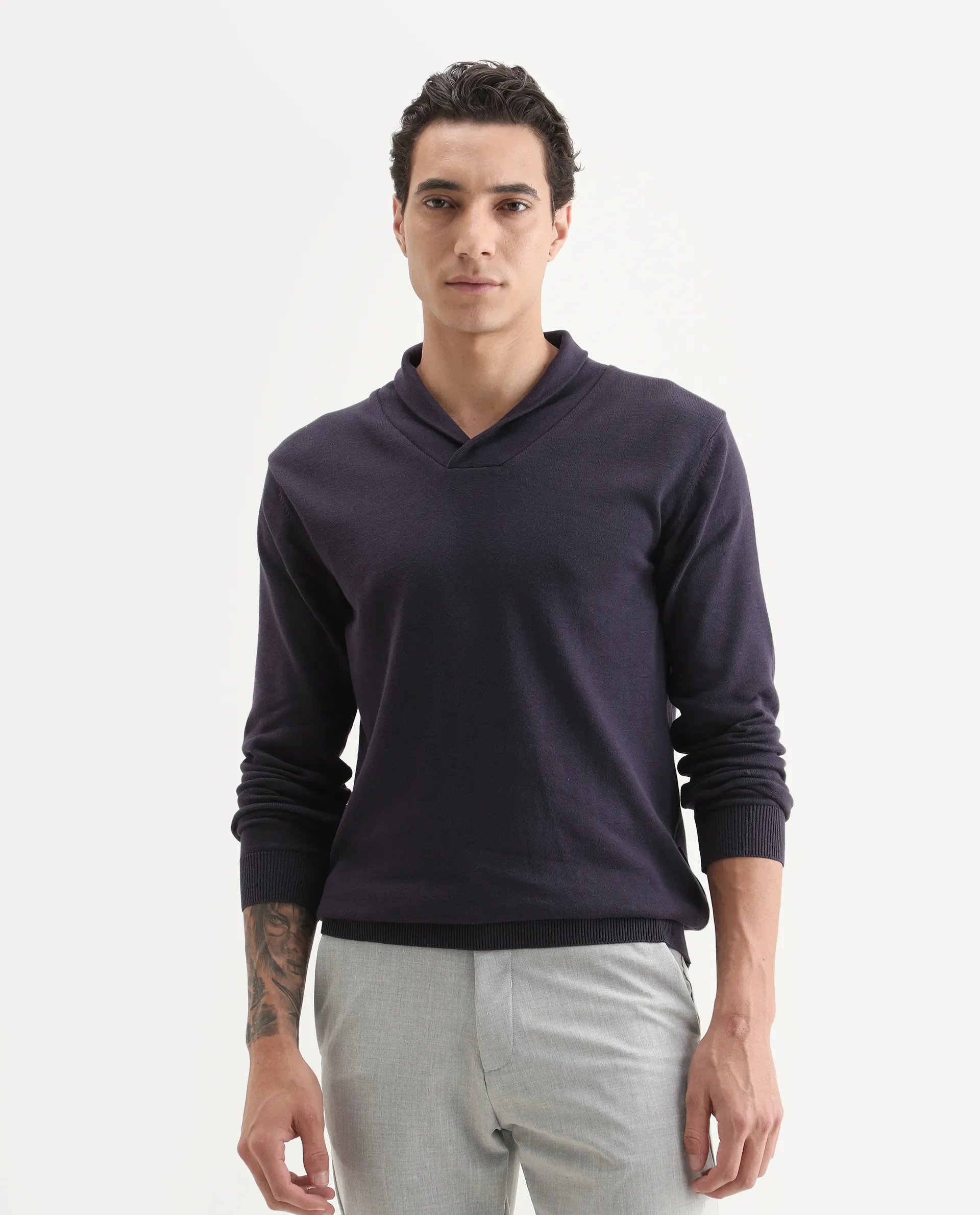 Rare Rabbit Men's Kenlay Dark Purple Cotton Blend Plain Regular Fit Full Sleeve High Neck Sweater - Image 3