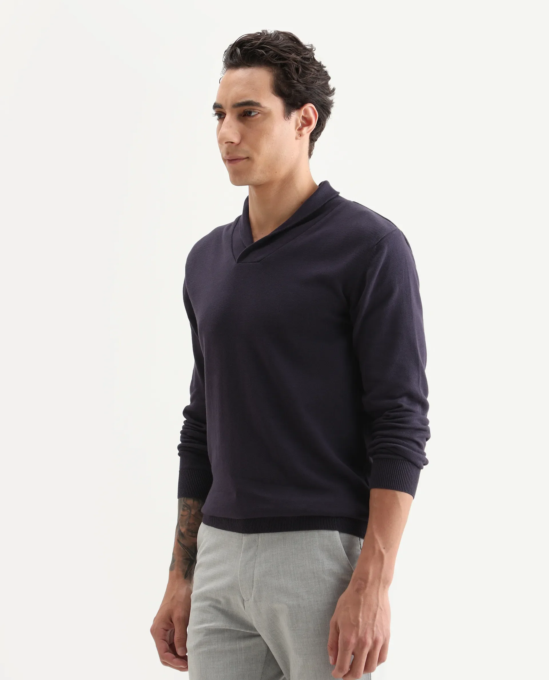Rare Rabbit Men's Kenlay Dark Purple Cotton Blend Plain Regular Fit Full Sleeve High Neck Sweater - Image 5