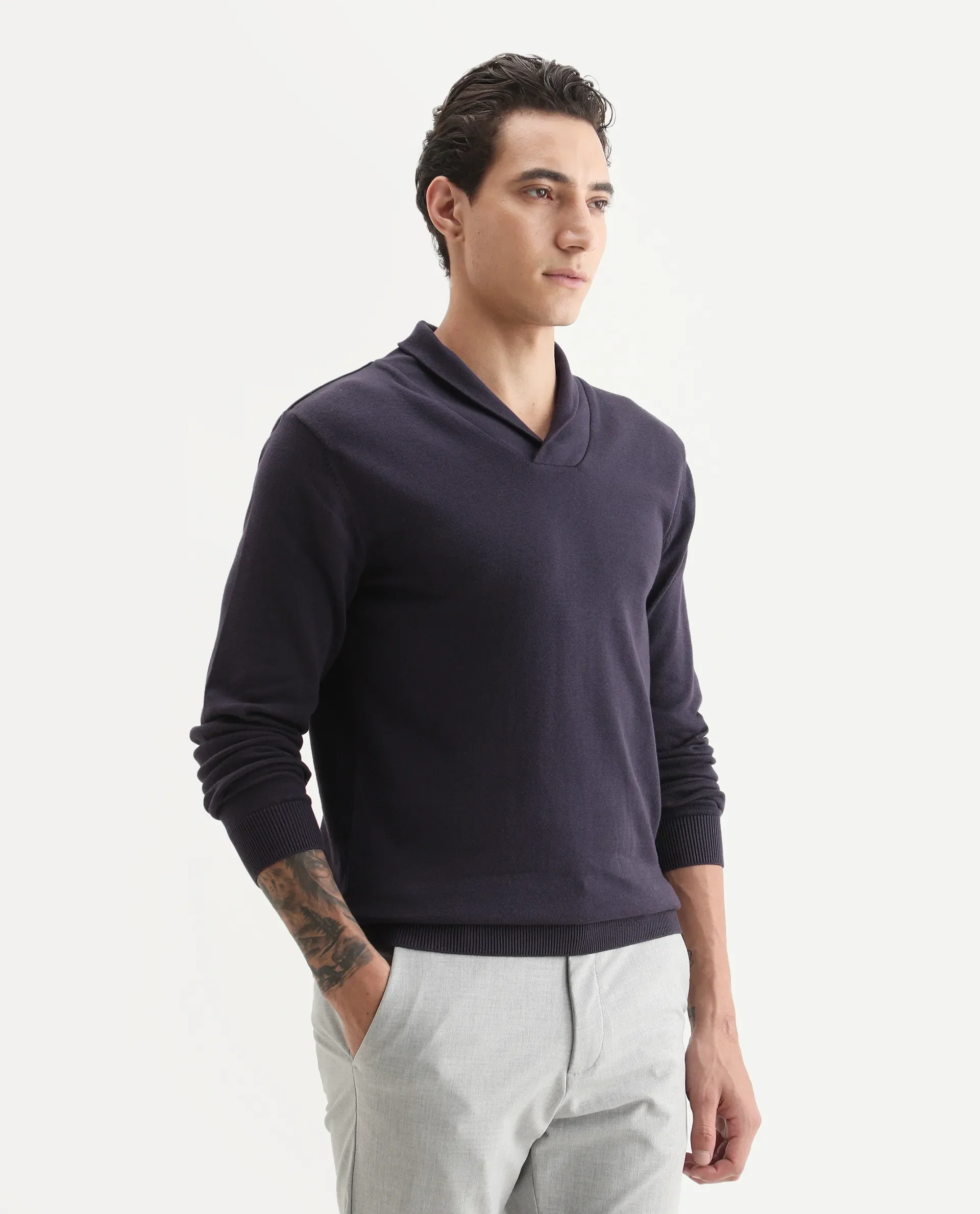 Rare Rabbit Men's Kenlay Dark Purple Cotton Blend Plain Regular Fit Full Sleeve High Neck Sweater - Image 6