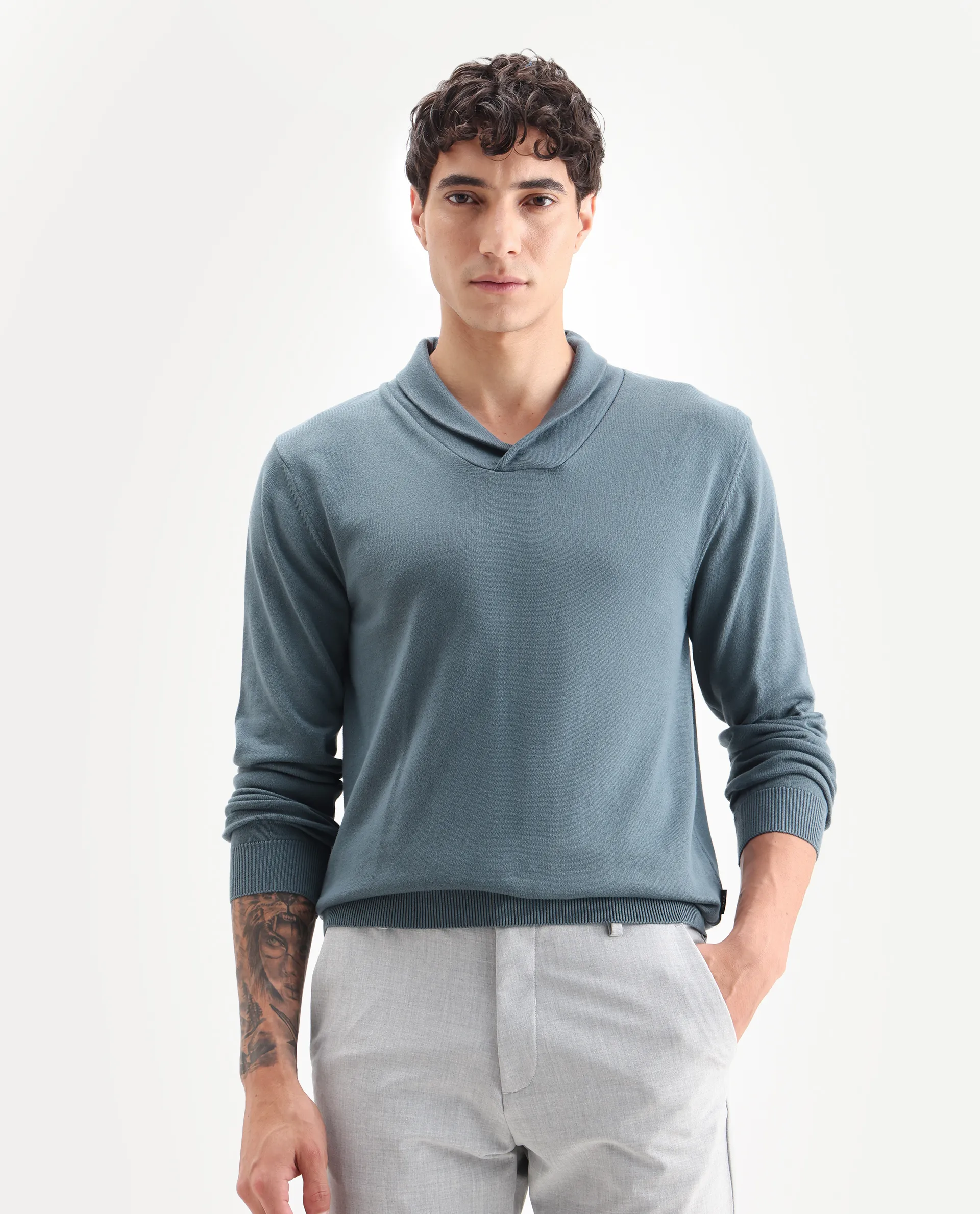 Rare Rabbit Men's Kenlay Dusky Turq Cotton Blend Plain Regular Fit Full Sleeve High Neck Sweater - Image 4