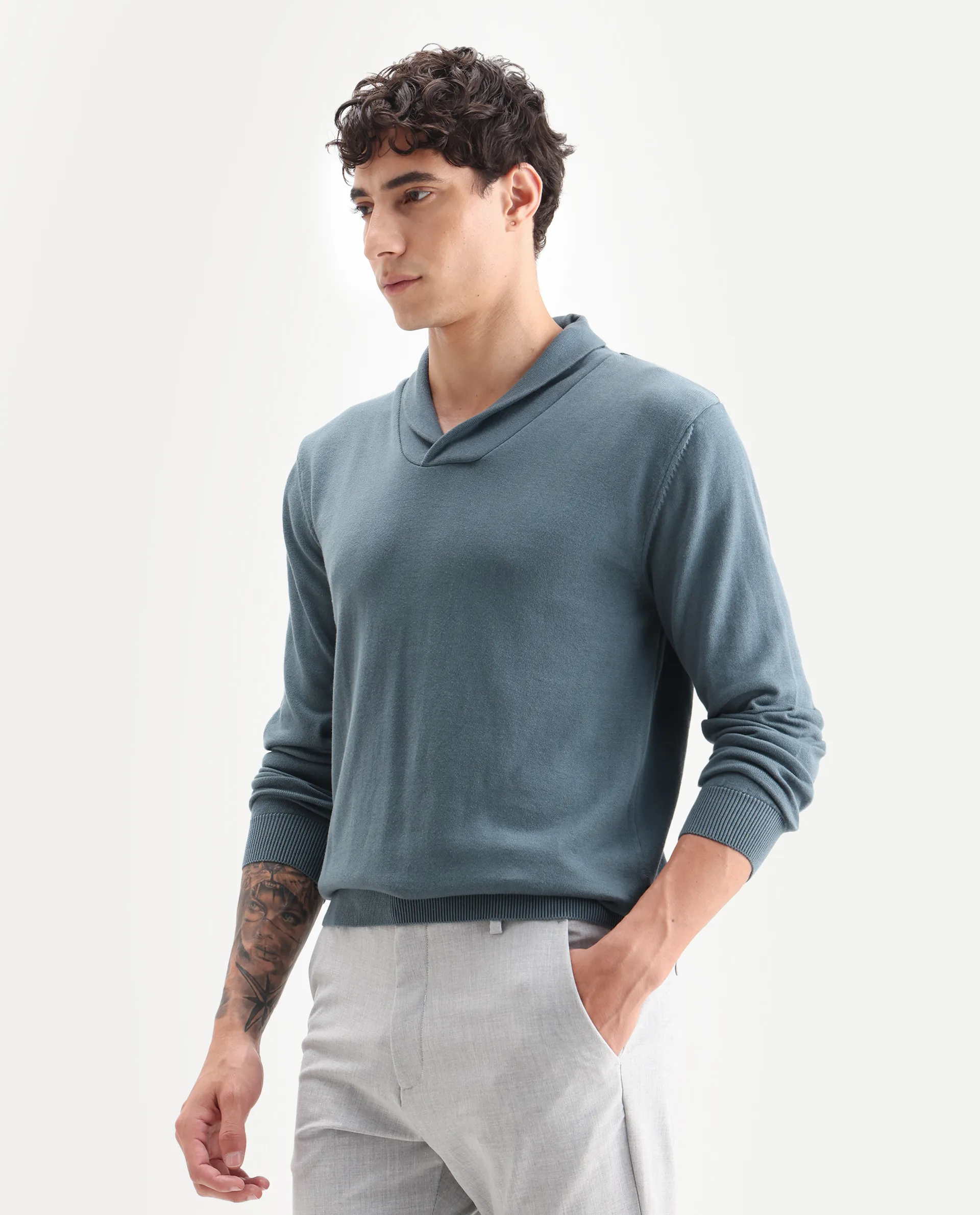 Rare Rabbit Men's Kenlay Dusky Turq Cotton Blend Plain Regular Fit Full Sleeve High Neck Sweater - Image 5