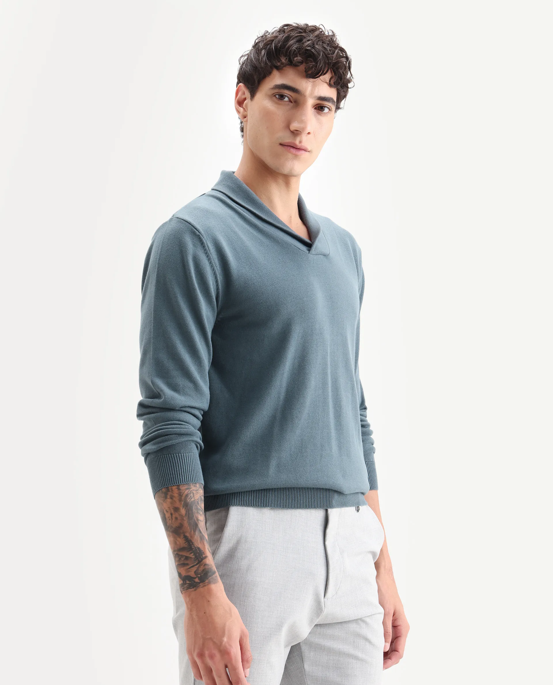 Rare Rabbit Men's Kenlay Dusky Turq Cotton Blend Plain Regular Fit Full Sleeve High Neck Sweater - Image 6