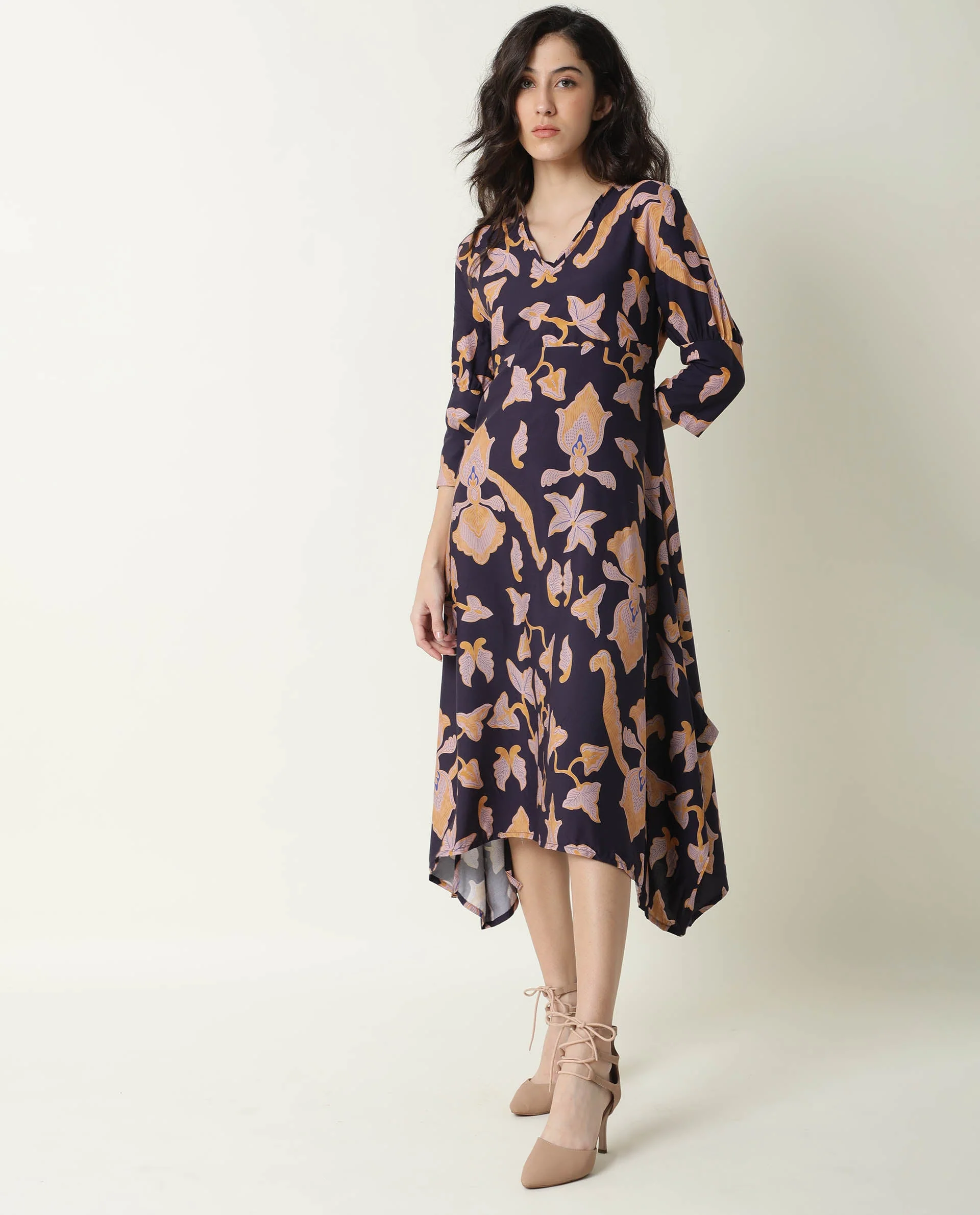 Rareism Women's Kenna Navy V-Neck Abstract Print Knee Length Regular Fit Dress - Image 2