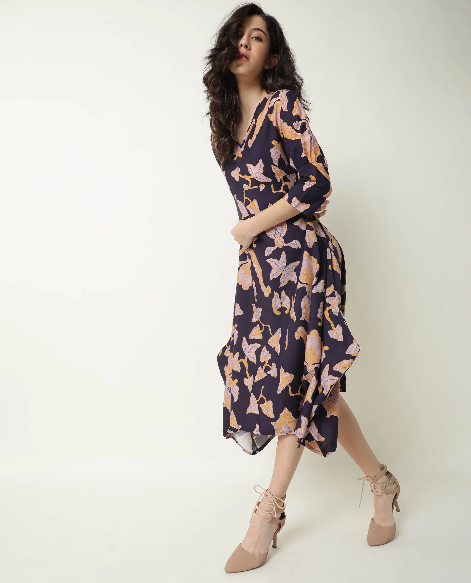 Rareism Women's Kenna Navy V-Neck Abstract Print Knee Length Regular Fit Dress - Image 8